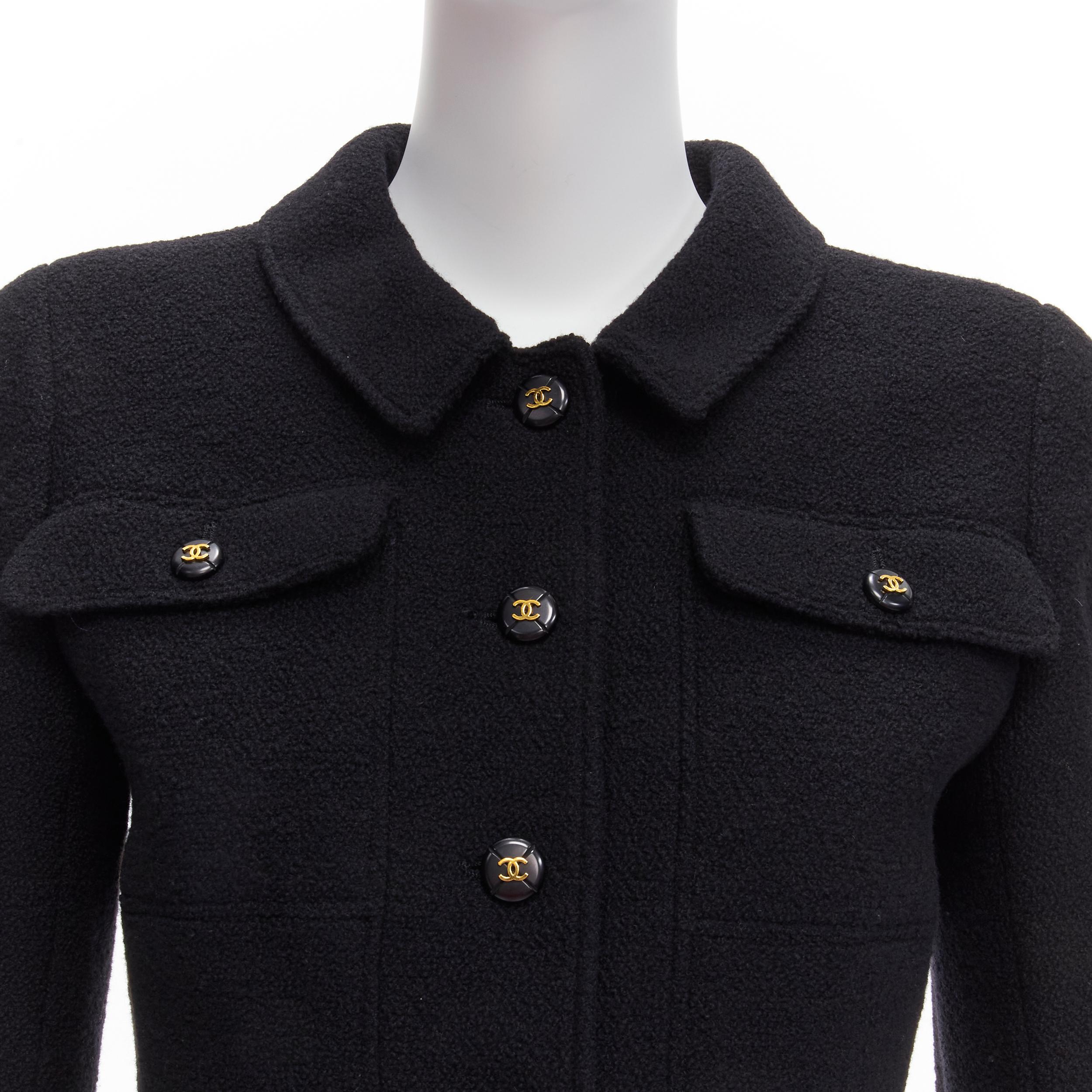 CHANEL 95P black wool crepe gold CC button 4 pocket cropped jacket top 5