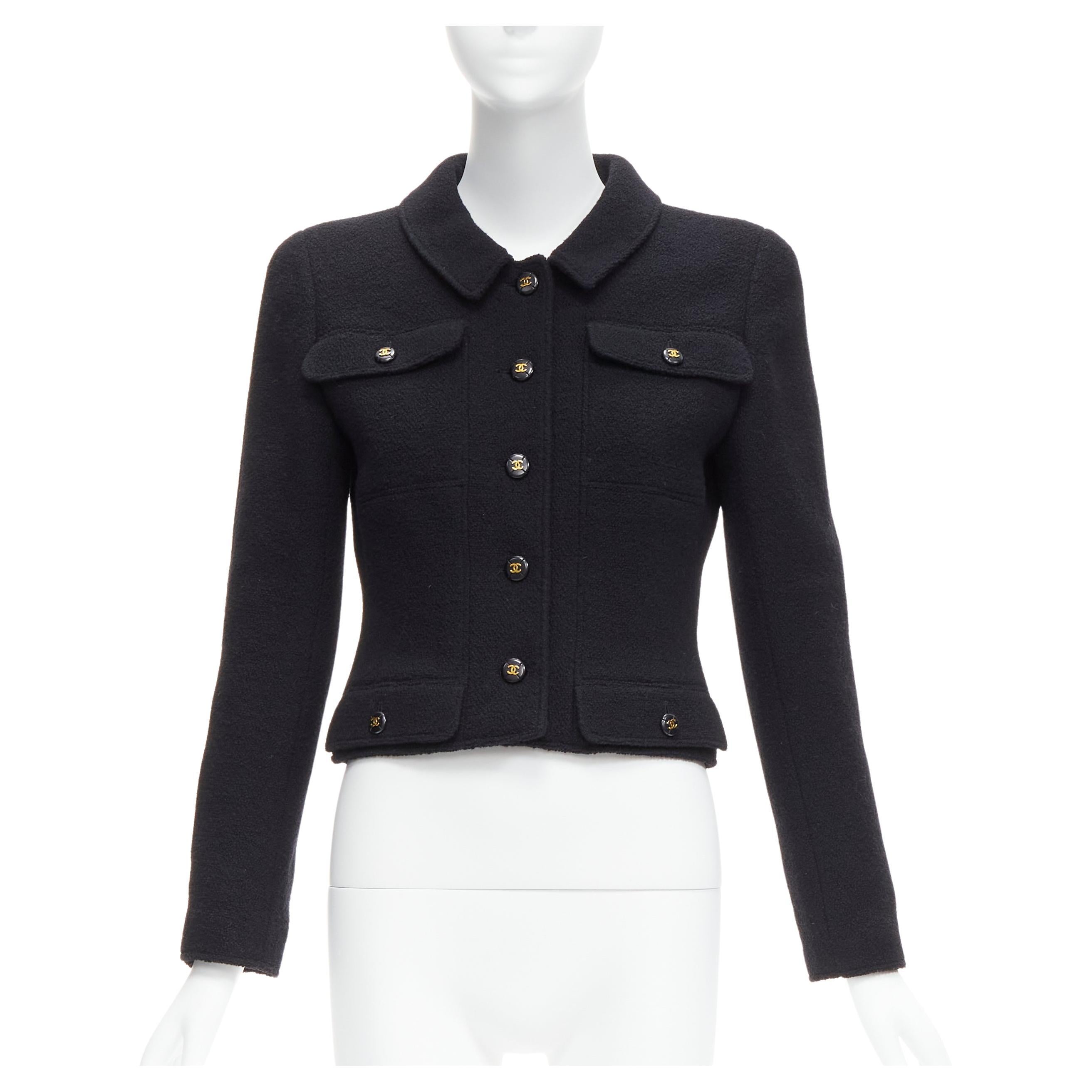 CHANEL 95P black wool crepe gold CC button 4 pocket cropped jacket top