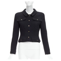 Vintage CHANEL 95P black wool crepe gold CC button 4 pocket cropped jacket top