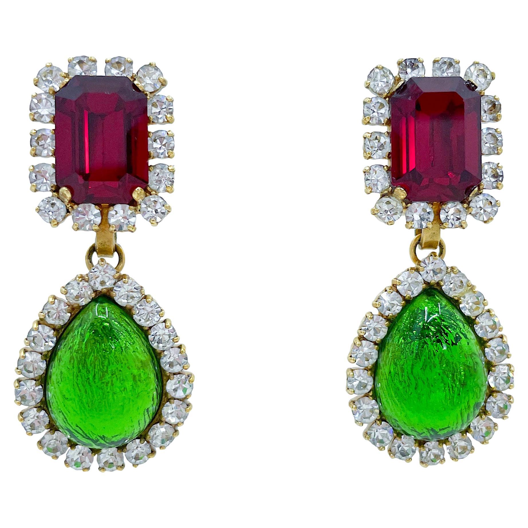 Chanel Vintage 97A Gripoix Red and Green Gripoix Stone Hoop Earrings 65732