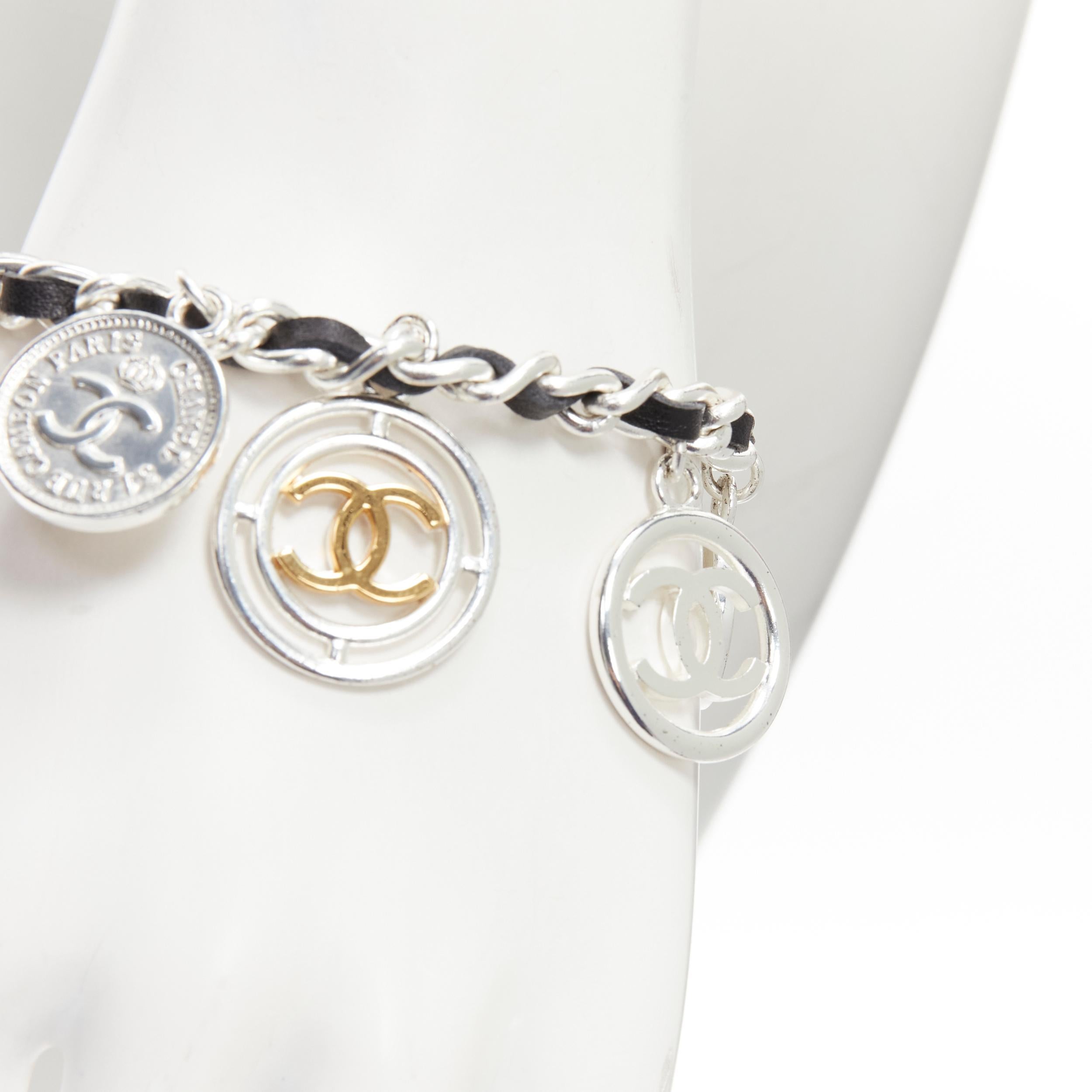 CHANEL 96A black leather silver CC logo Paris 31 Rue Cambon charm bracelet In Good Condition In Hong Kong, NT