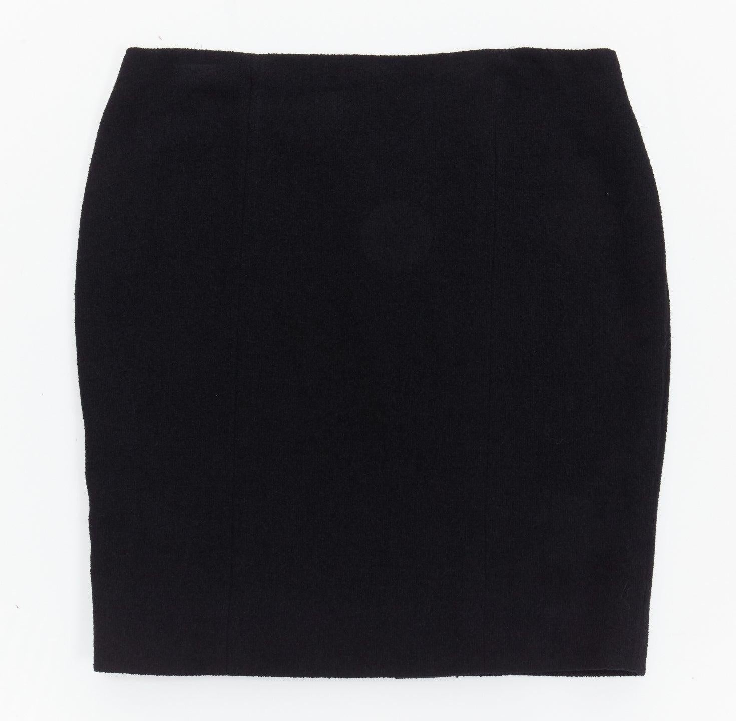 Black CHANEL 96A black wool tweed CC silver logo button pencil skirt FR44 XXL For Sale