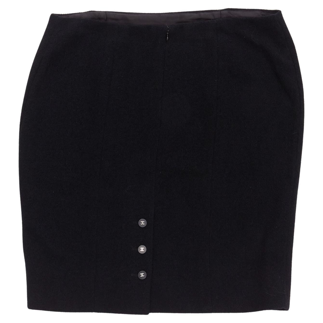 CHANEL 96A black wool tweed CC silver logo button pencil skirt FR44 XXL For Sale