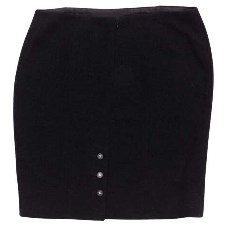 CHANEL 96A black wool tweed CC silver logo button pencil skirt FR44 XXL For Sale