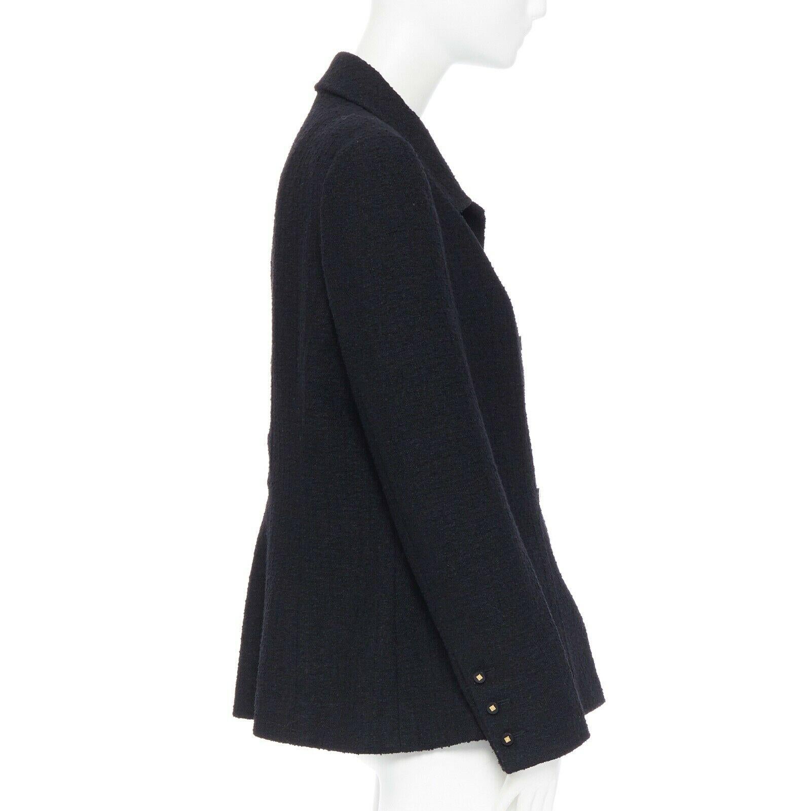 Women's CHANEL 96A LBJ black wool boucle knit pipe dart CC button up blazer jacket FR44