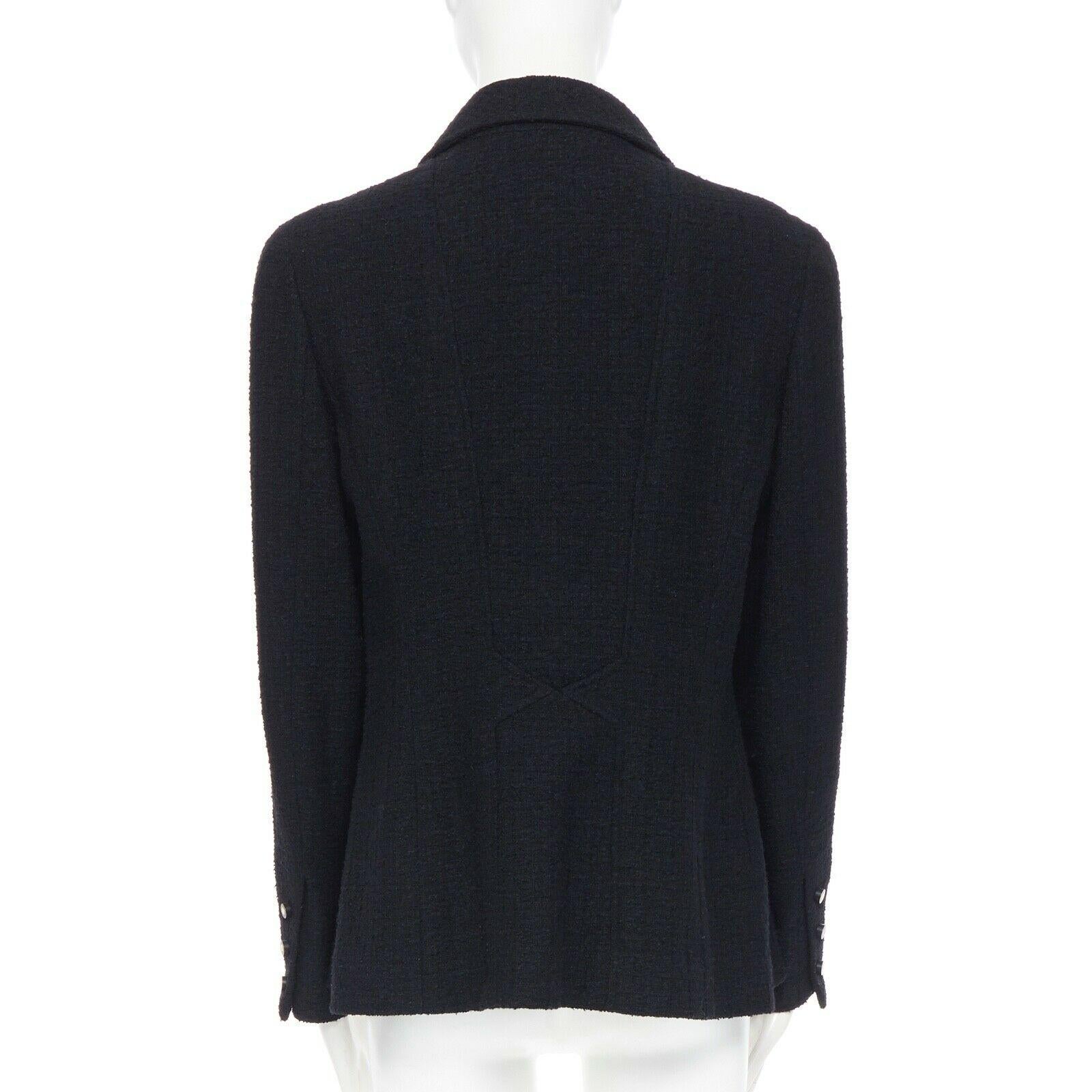 CHANEL 96A LBJ black wool boucle knit pipe dart CC button up blazer jacket FR44 1