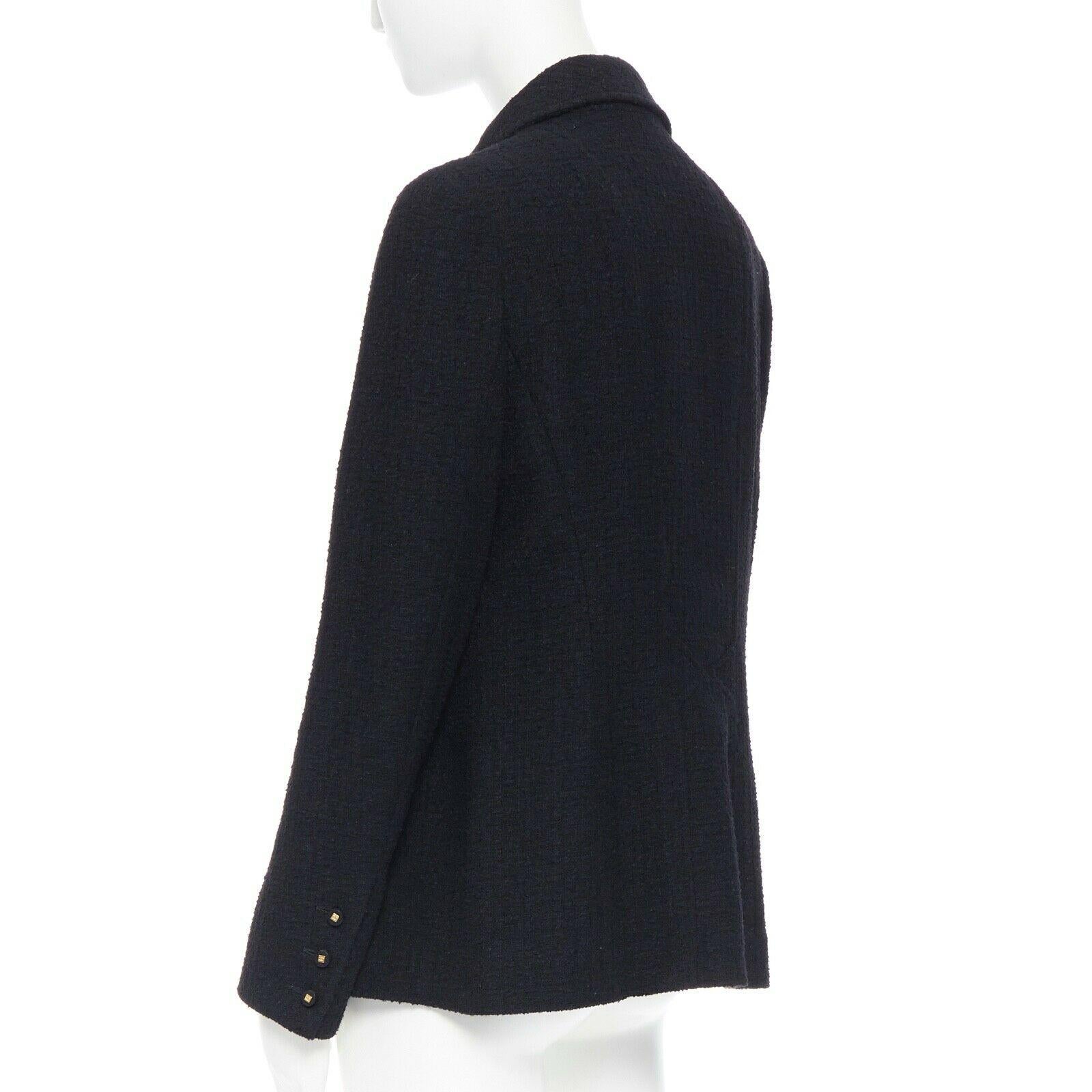 CHANEL 96A LBJ black wool boucle knit pipe dart CC button up blazer jacket FR44 2