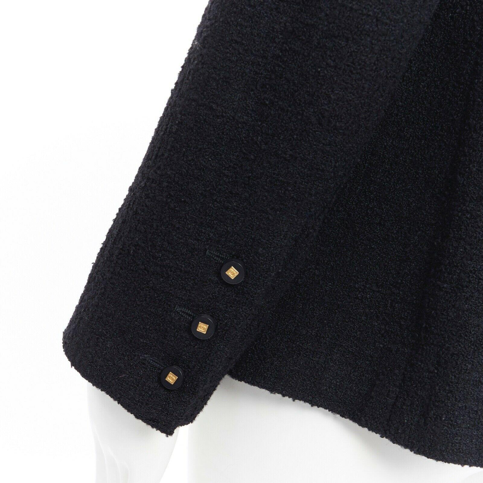 CHANEL 96A LBJ black wool boucle knit pipe dart CC button up blazer jacket FR44 3