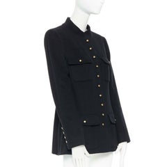 CHANEL 96A vintage black cashmere 4 pocket mandarin collar military jacket FR44
