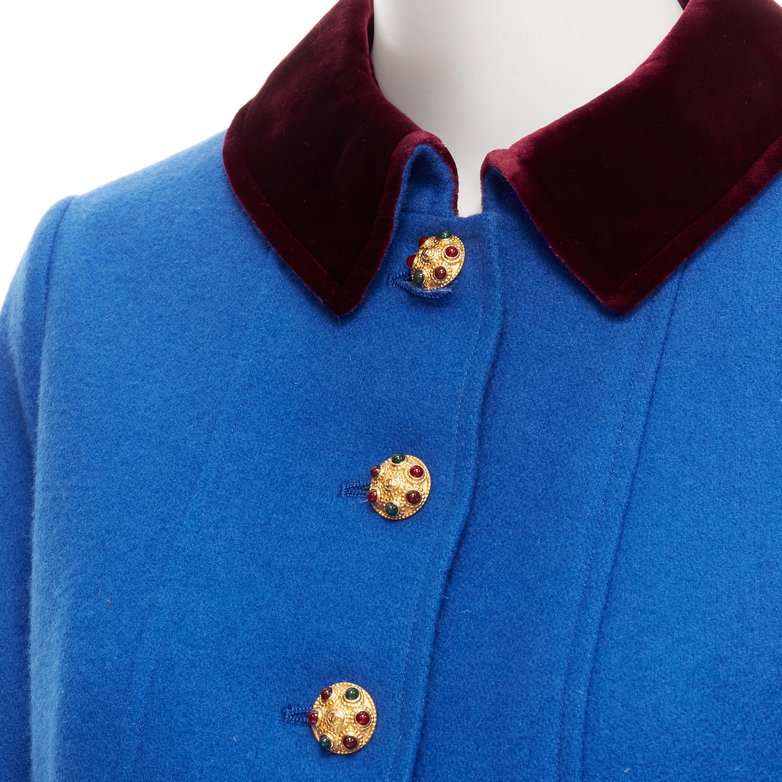 CHANEL 96A Vintage blue velvet collar gold CC Gripoix button officer coat FR40 M 
Reference: GIYG/A00170 
Brand: Chanel 
Designer: Karl Lagerfeld 
Collection: 96A 
Material: Wool 
Color: Blue 
Pattern: Solid 
Closure: Button 
Extra Detail: Wool felt