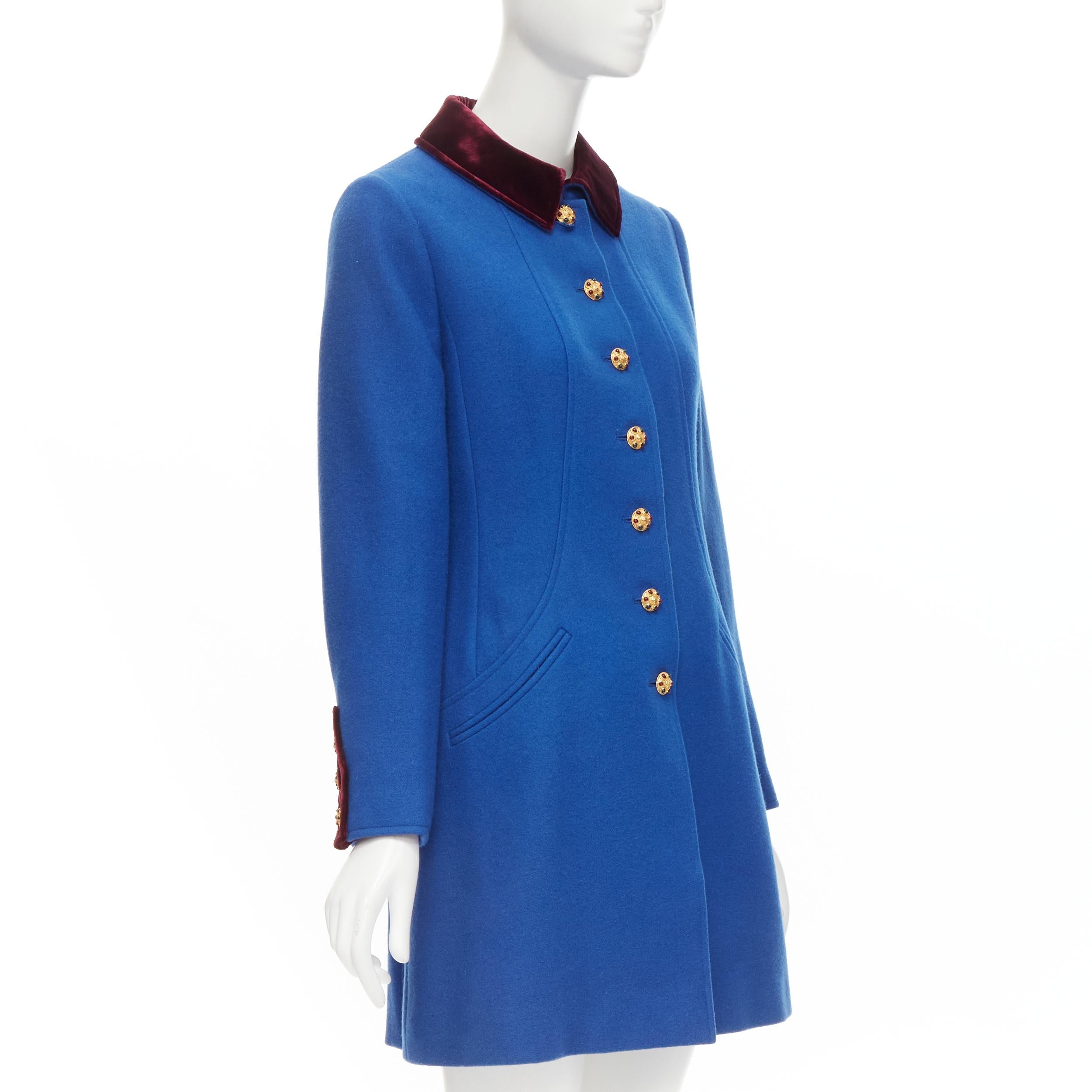 Blue CHANEL 96A Vintage blue velvet collar gold CC Gripoix button officer coat FR40 M