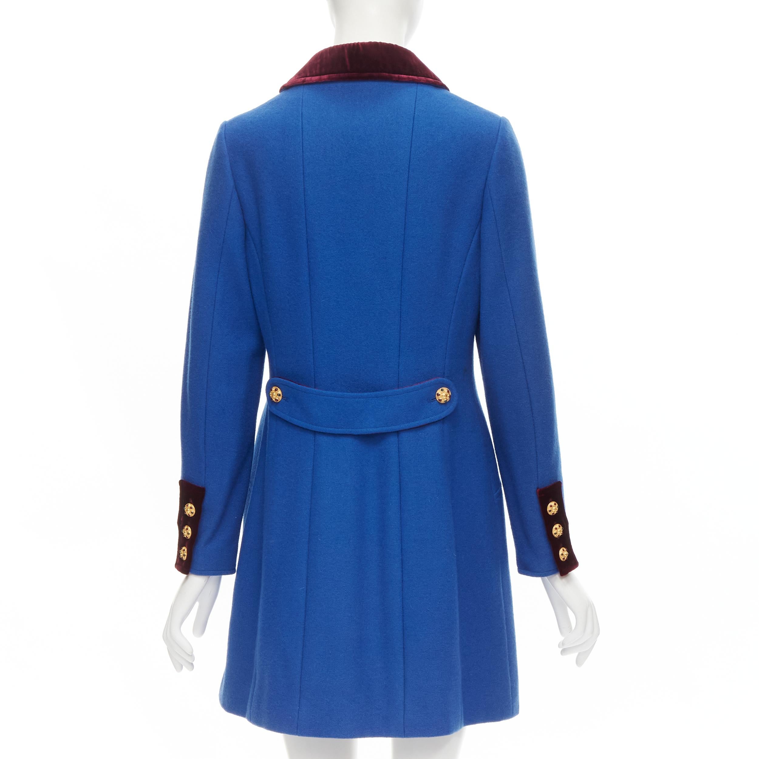 Women's CHANEL 96A Vintage blue velvet collar gold CC Gripoix button officer coat FR40 M