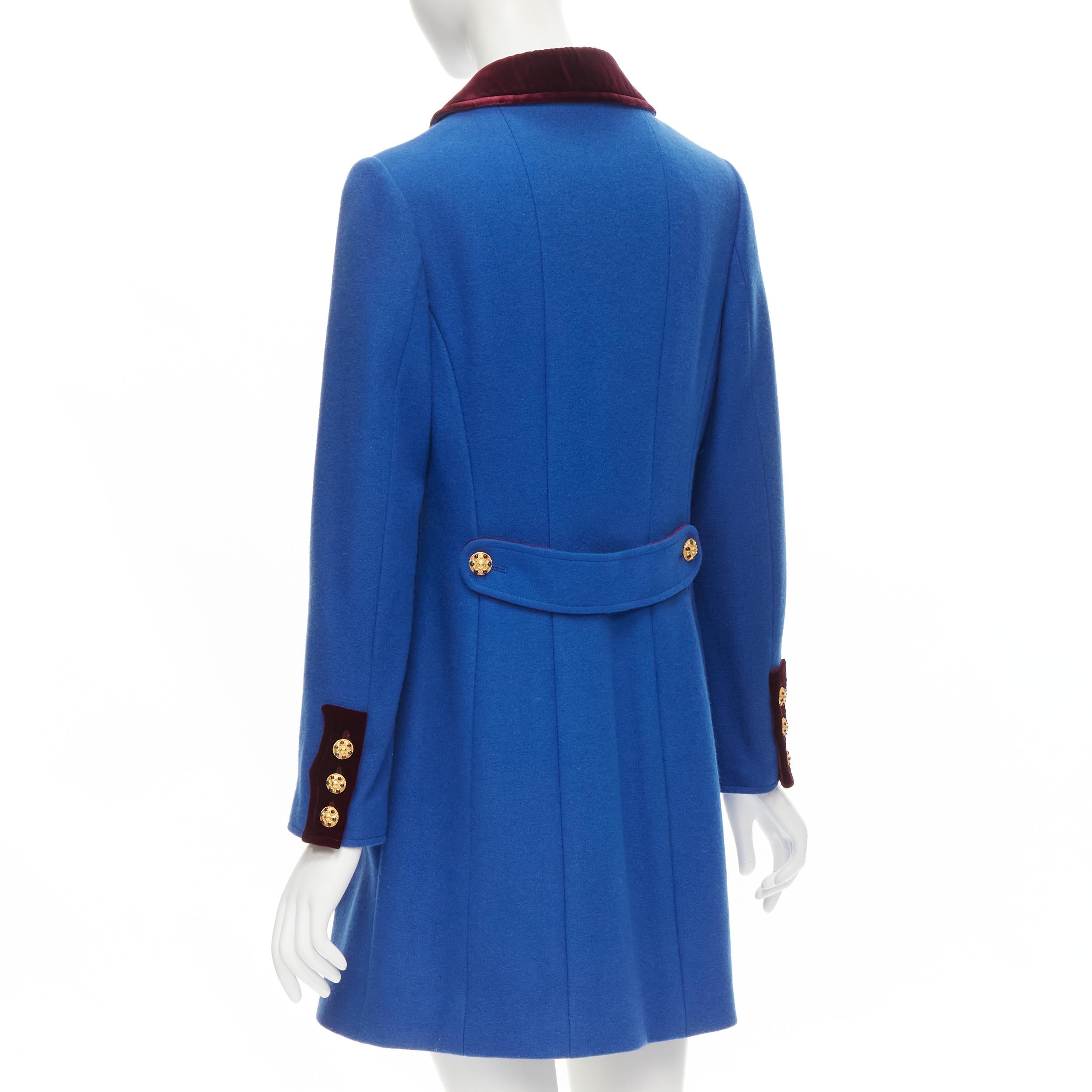 CHANEL 96A Vintage blue velvet collar gold CC Gripoix button officer coat FR40 M 1