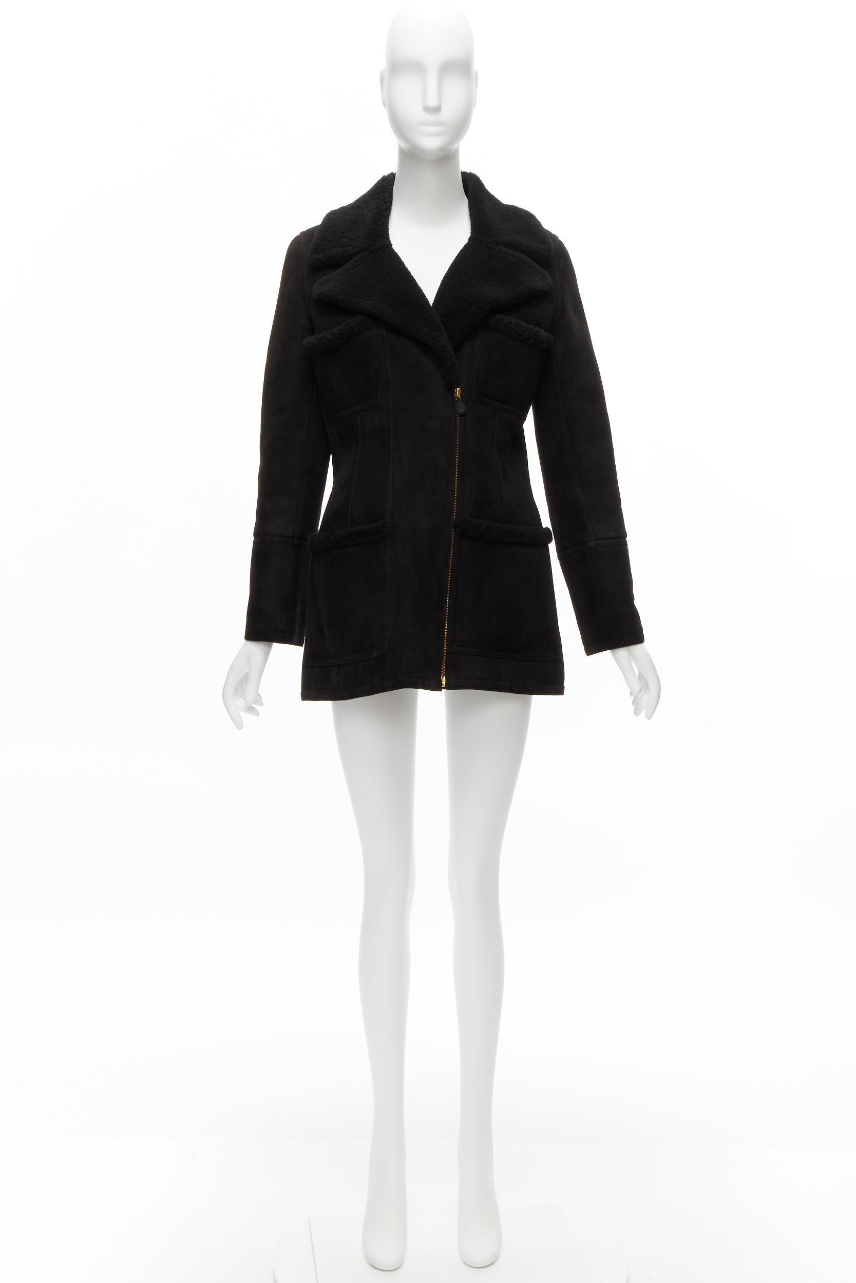 CHANEL 96A Vintage  shearling fur lined suede CC zip pockets jacket FR38 M 7