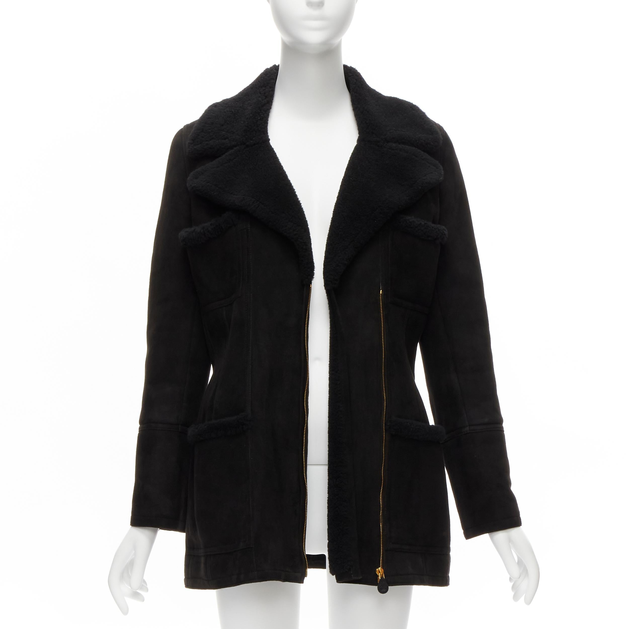 CHANEL 96A Vintage  shearling fur lined suede CC zip pockets jacket FR38 M In Good Condition In Hong Kong, NT