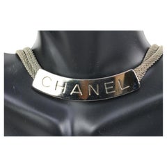 Chanel 96P Mesh Silver Chain Pendant Plaque Necklace s329ck13