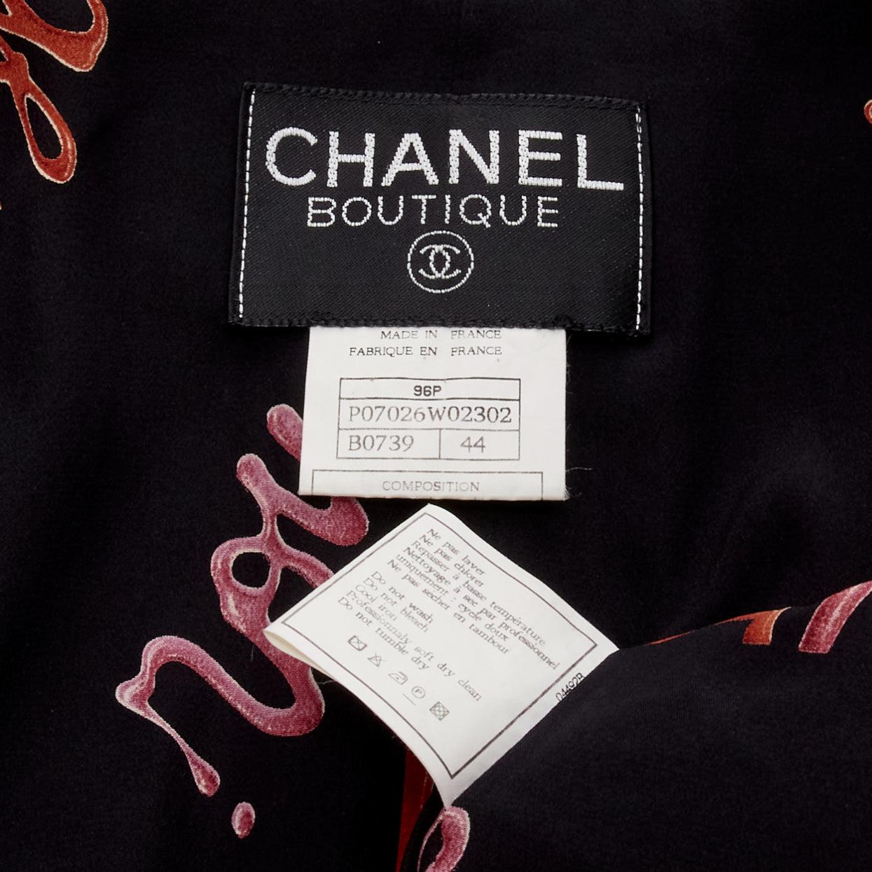 CHANEL 96P Vintage CC button red logo lined tweed little black jacket FR44 XXL 6