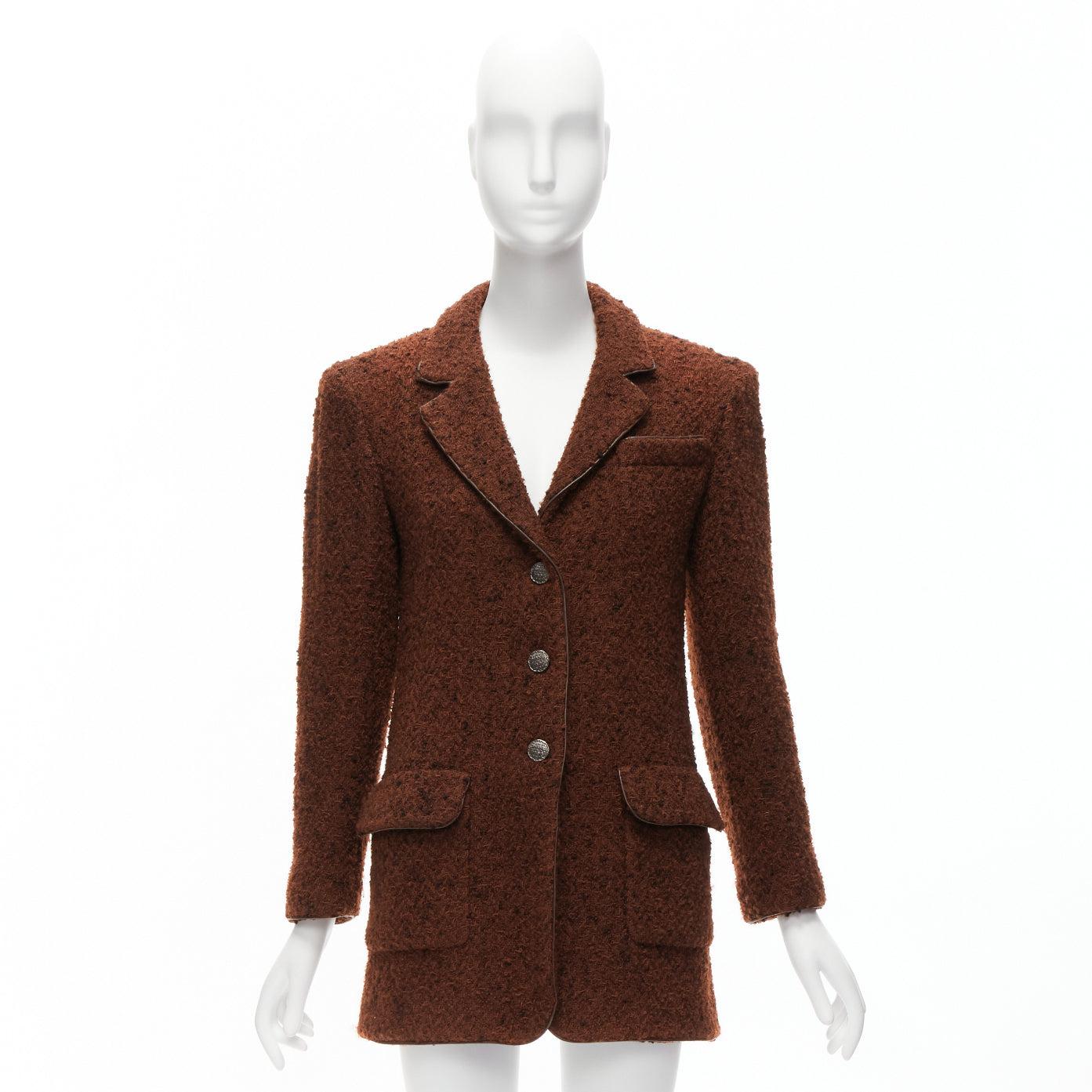 CHANEL 97A brown wool tweed leather trim CC button long jacket FR34 XS 5