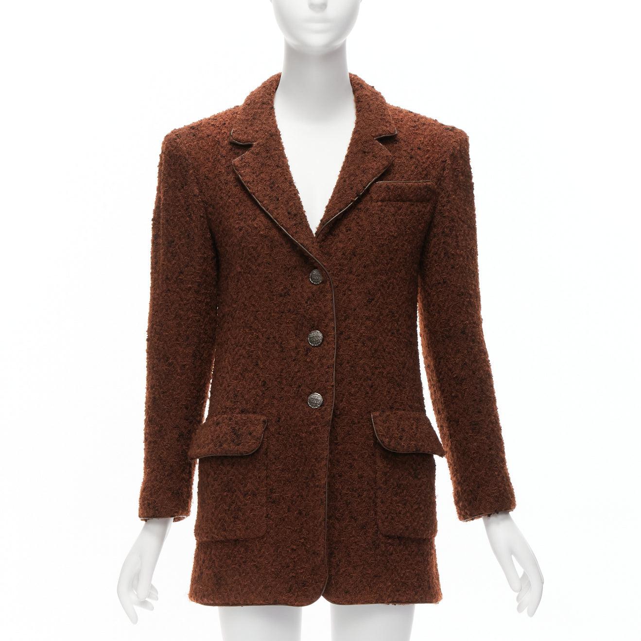 Brown CHANEL 97A brown wool tweed leather trim CC button long jacket FR34 XS