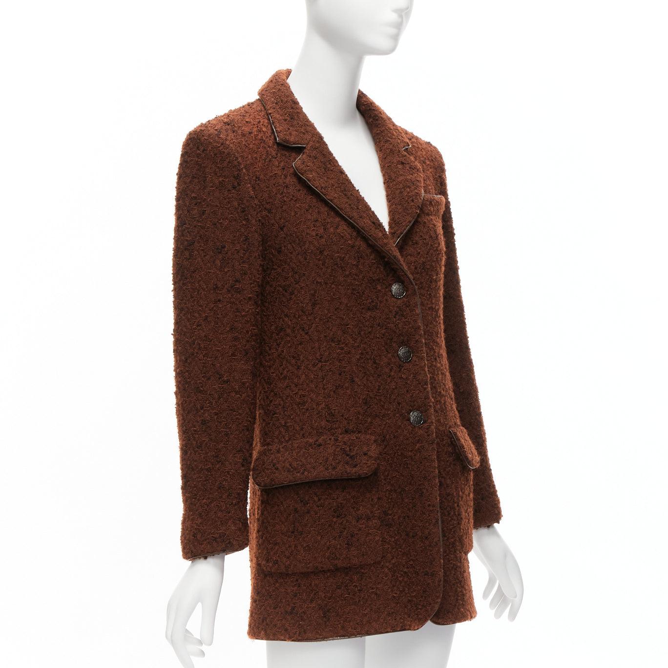 CHANEL 97A brown wool tweed leather trim CC button long jacket FR34 XS In Excellent Condition In Hong Kong, NT