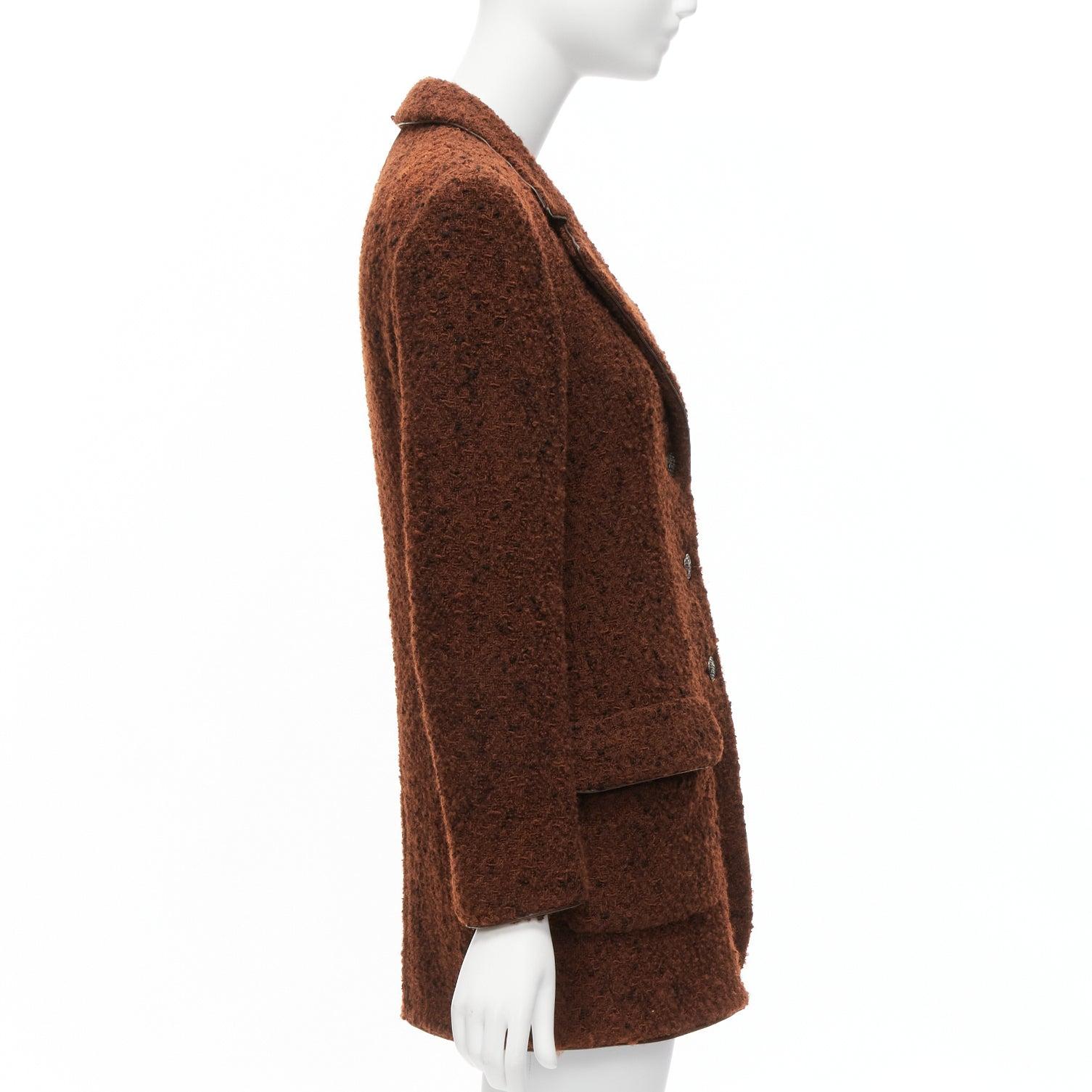Women's CHANEL 97A brown wool tweed leather trim CC button long jacket FR34 XS