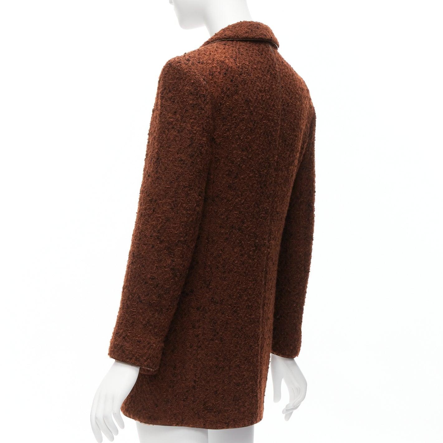 CHANEL 97A brown wool tweed leather trim CC button long jacket FR34 XS 2