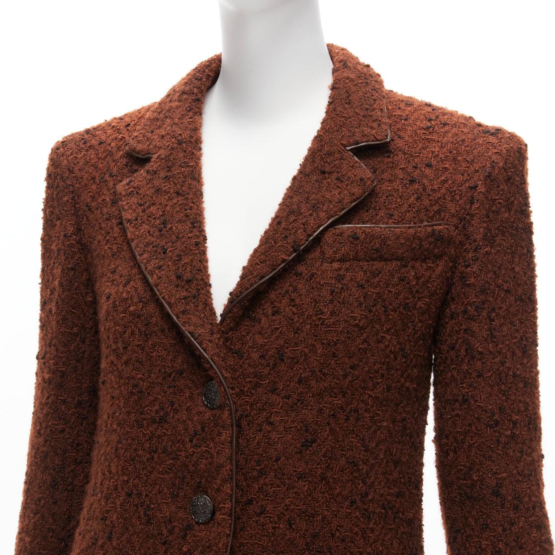 CHANEL 97A brown wool tweed leather trim CC button long jacket FR34 XS 3