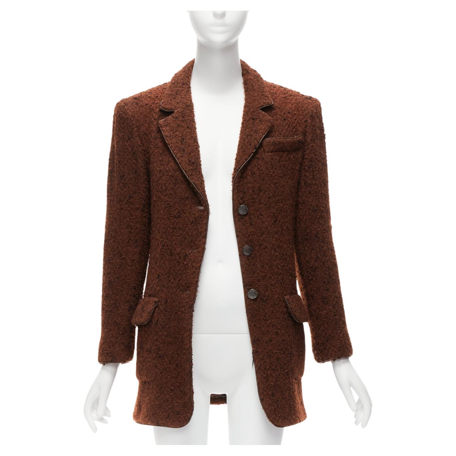 CHANEL 97A brown wool tweed leather trim CC button long jacket FR34 XS