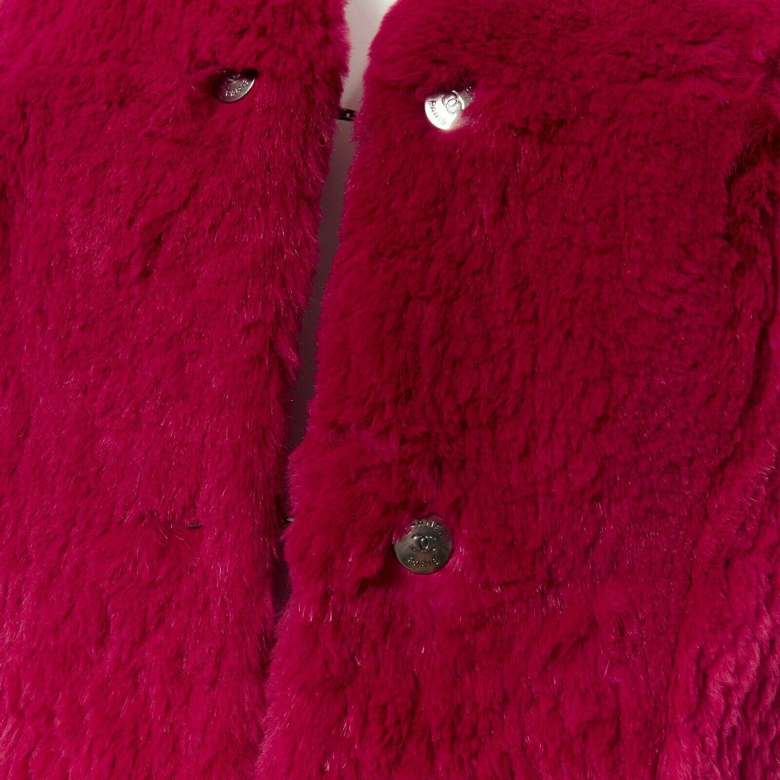 CHANEL 97A scarlet crimson red rabbit fur tuxedo vest silver buttons wool FR42 5