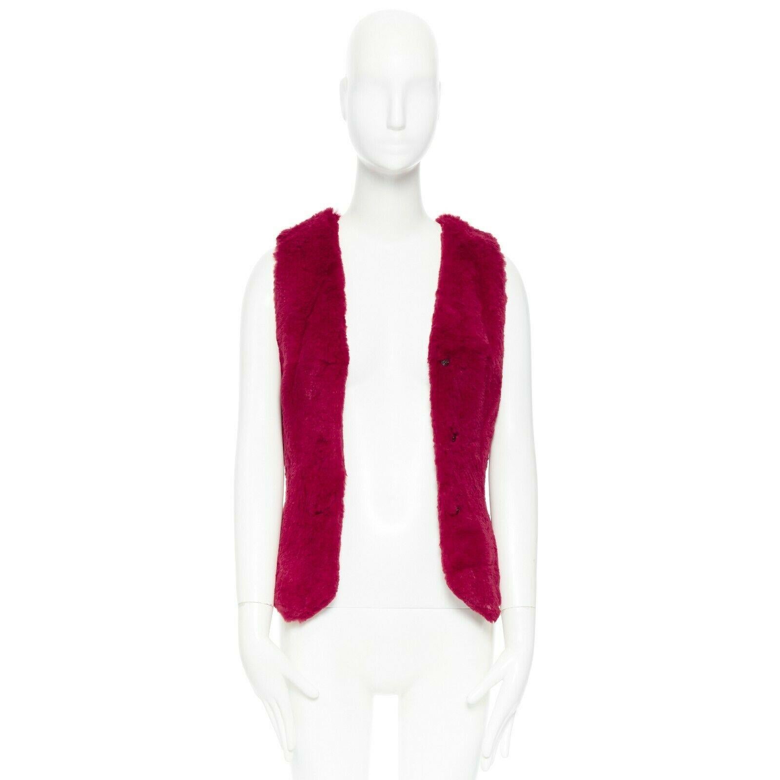Red CHANEL 97A scarlet crimson red rabbit fur tuxedo vest silver buttons wool FR42