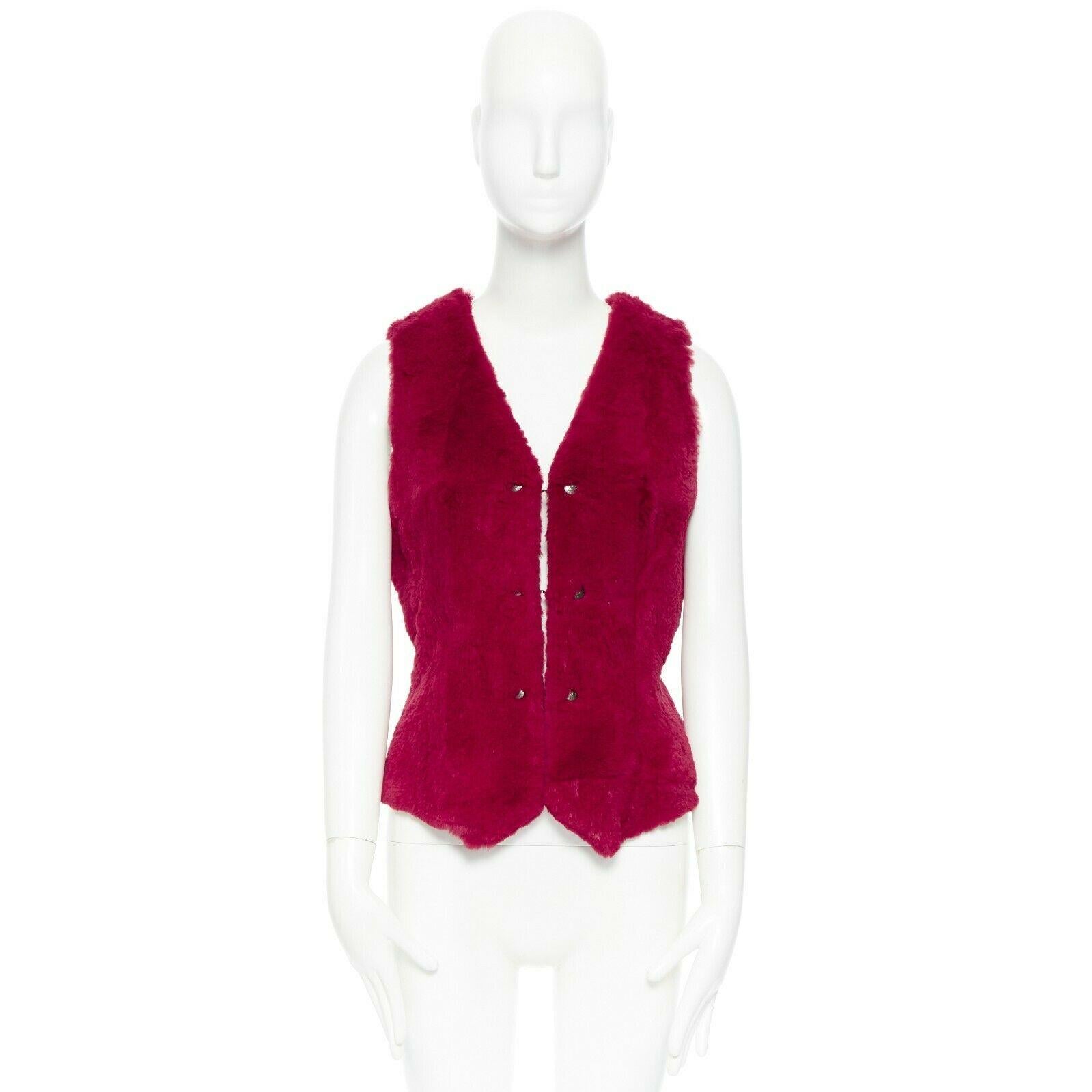 CHANEL 97A scarlet crimson red rabbit fur tuxedo vest silver buttons wool FR42 In Excellent Condition In Hong Kong, NT