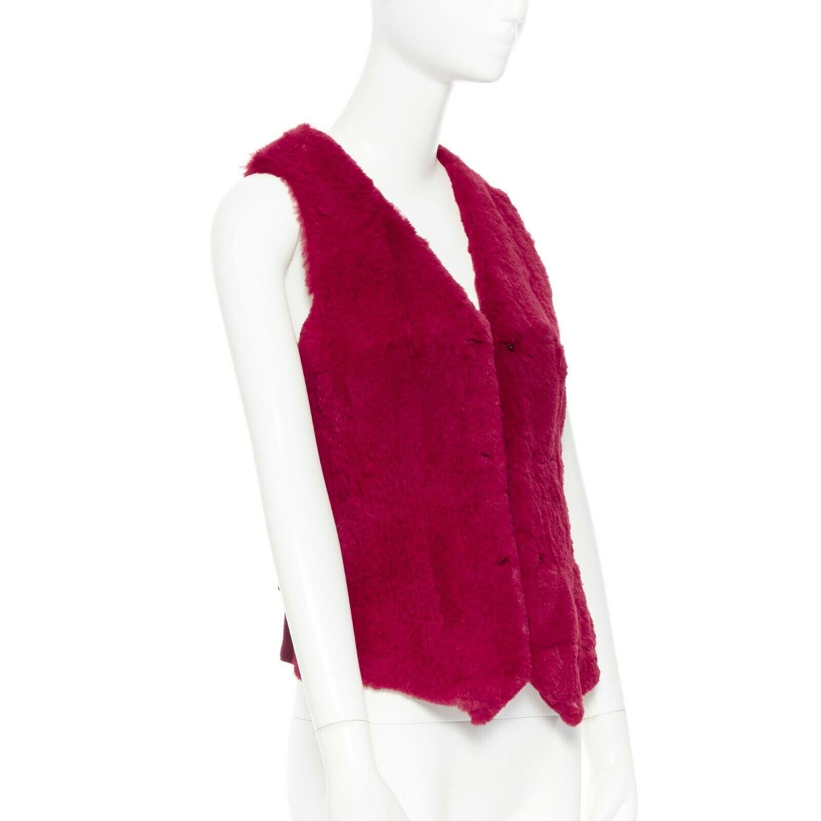 Women's CHANEL 97A scarlet crimson red rabbit fur tuxedo vest silver buttons wool FR42