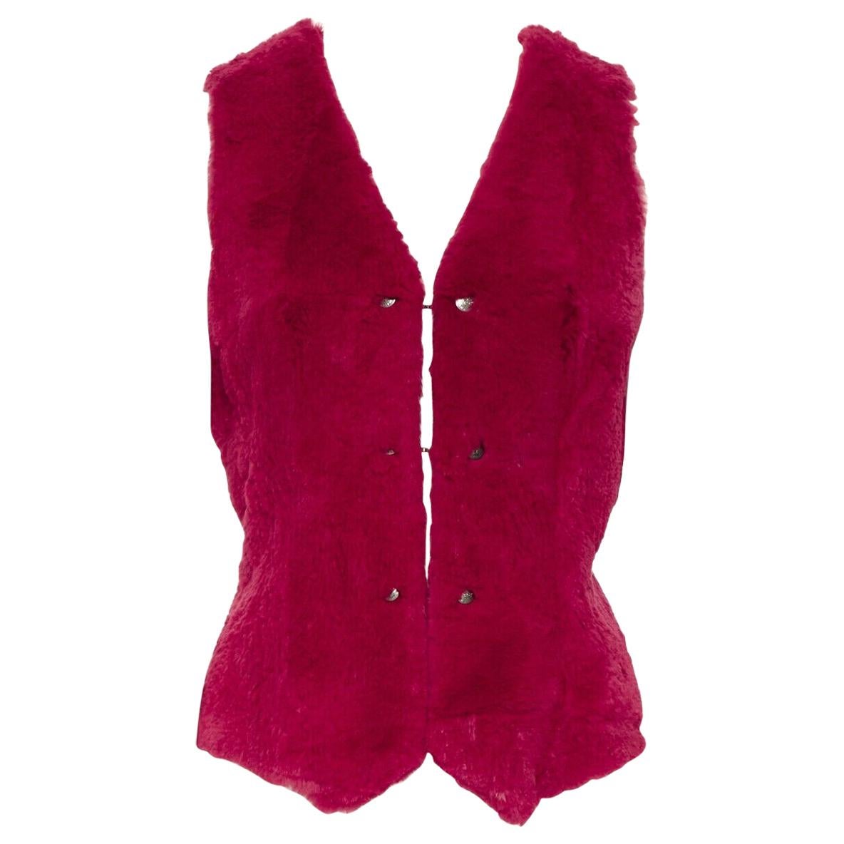 CHANEL 97A scarlet crimson red rabbit fur tuxedo vest silver buttons wool FR42