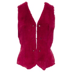 Vintage CHANEL 97A scarlet crimson red rabbit fur tuxedo vest silver buttons wool FR42
