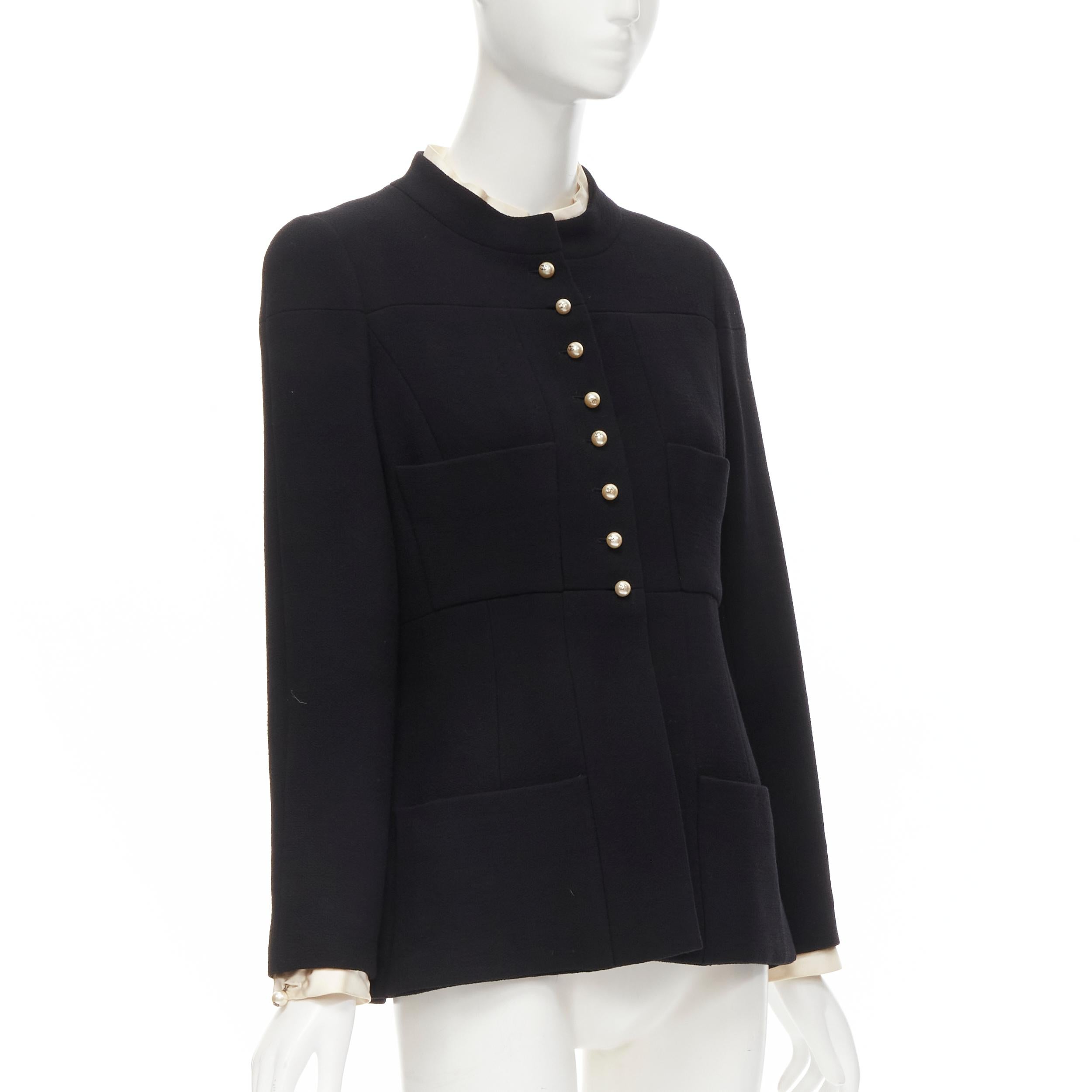 Black CHANEL 97A Vintage black wool CC pearl buttons panelled 4-pocket jacket FR40 M For Sale