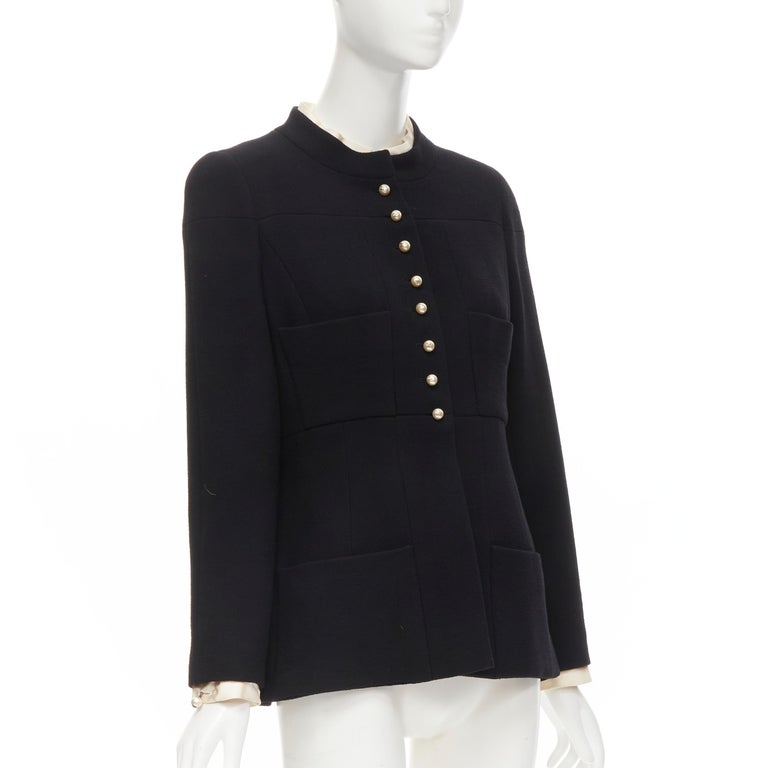 CHANEL 97A Vintage black wool CC pearl buttons panelled 4-pocket jacket ...