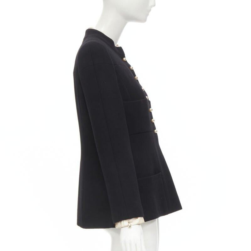 CHANEL 97A Vintage black wool CC pearl buttons panelled 4-pocket jacket FR40 M In Good Condition For Sale In Hong Kong, NT