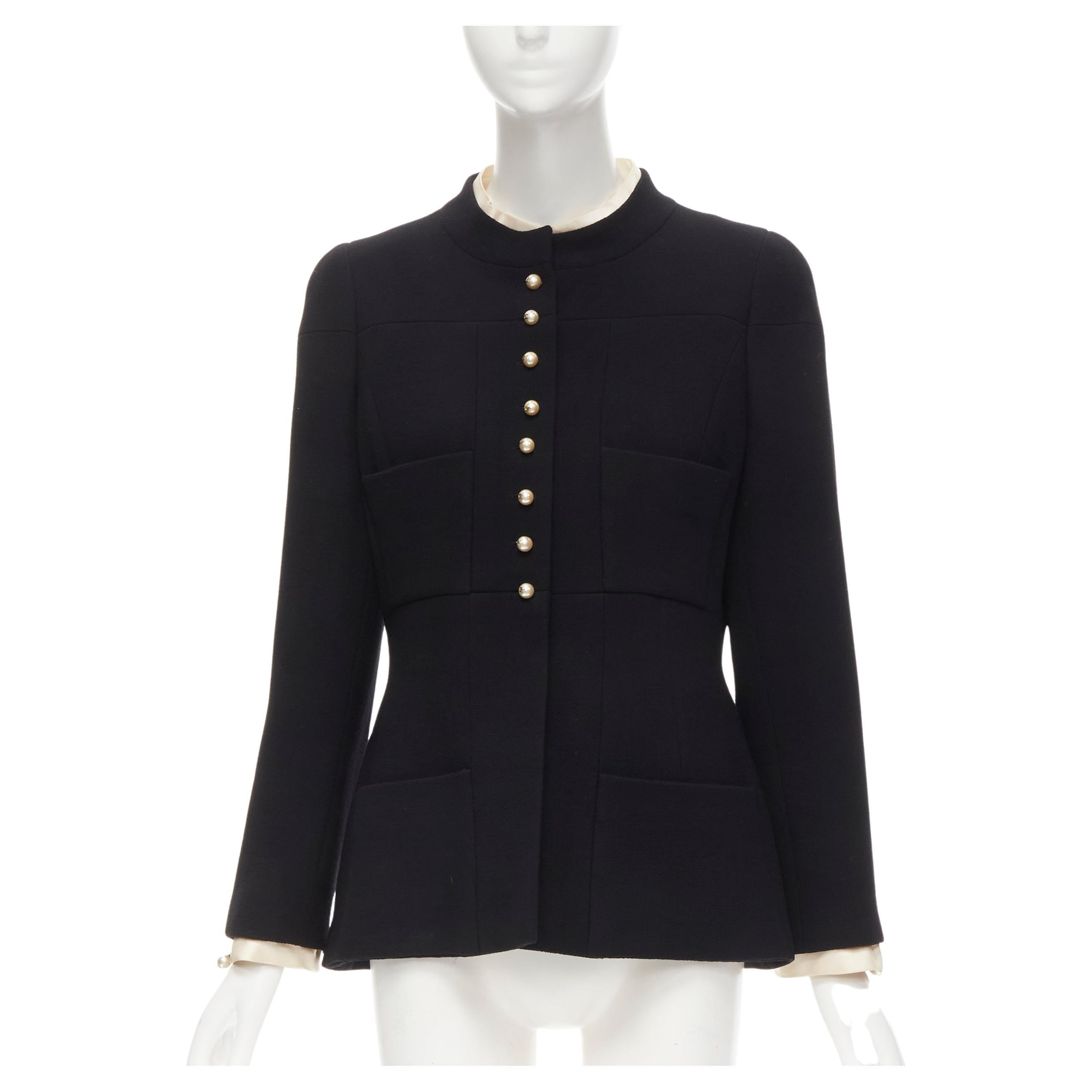 CHANEL 97A Vintage black wool CC pearl buttons panelled 4-pocket jacket FR40 M For Sale