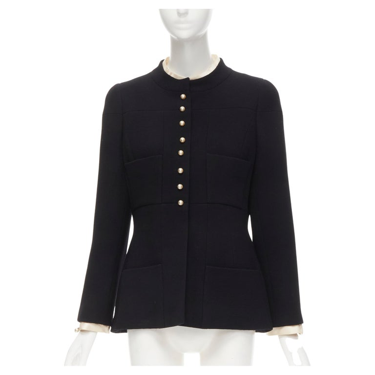CHANEL 97A Vintage black wool CC pearl buttons panelled 4-pocket jacket ...