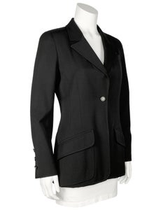 Chanel 97P Black Mid Weight Wool Long Style Blazer With Logo Button