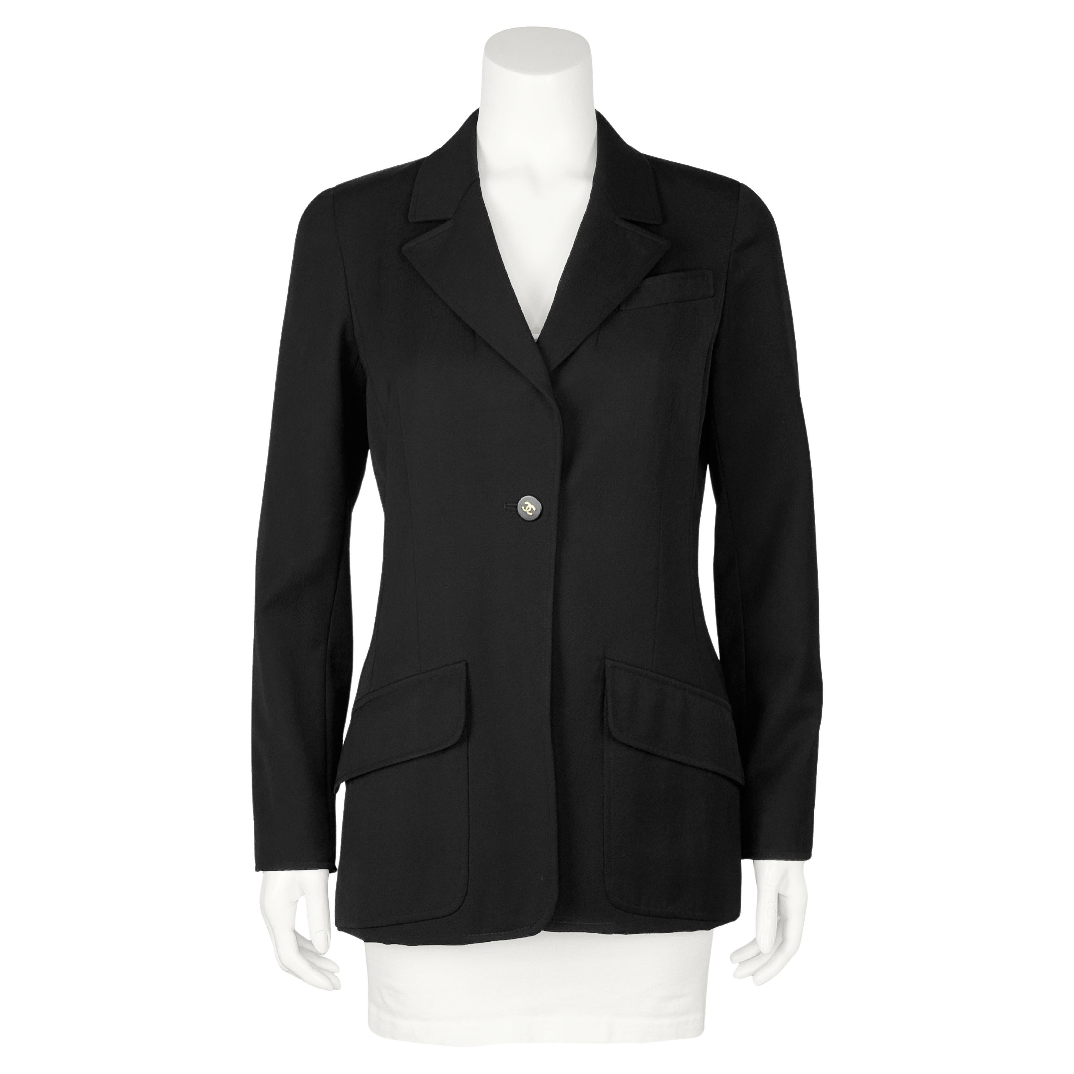 Chanel 97P Black Mid Weight Wool Long Style Blazer With Logo Button