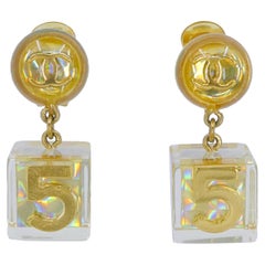 Chanel 97P Vintage Gold Resin No. 5 Cube Drop Earrings 66519