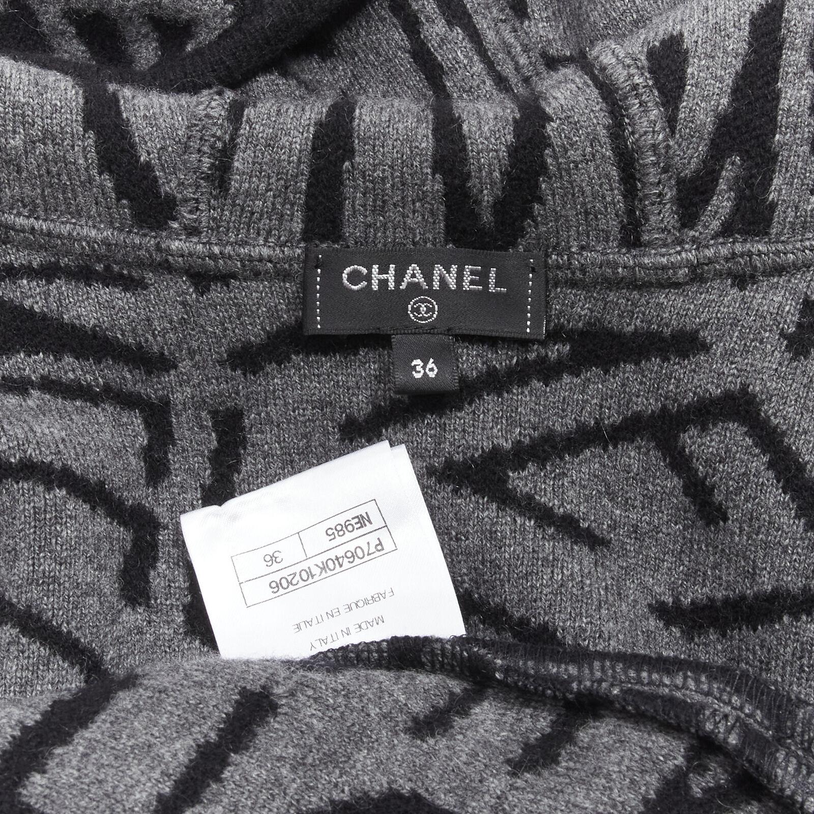 CHANEL 98% cashmere black grey all over logo  intarsia CC button cardigan FR36 S 7