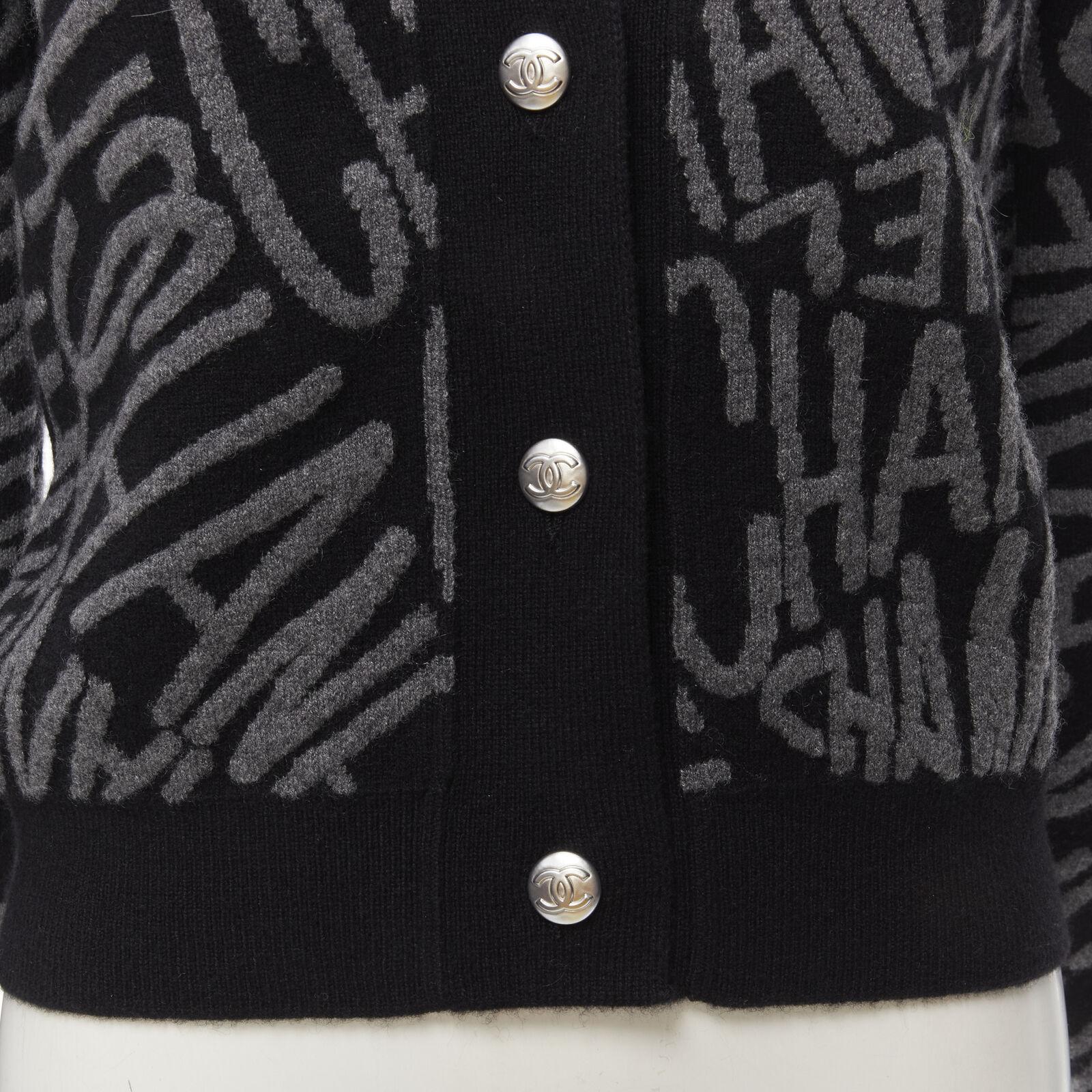 CHANEL 98% cashmere black grey all over logo  intarsia CC button cardigan FR36 S 5