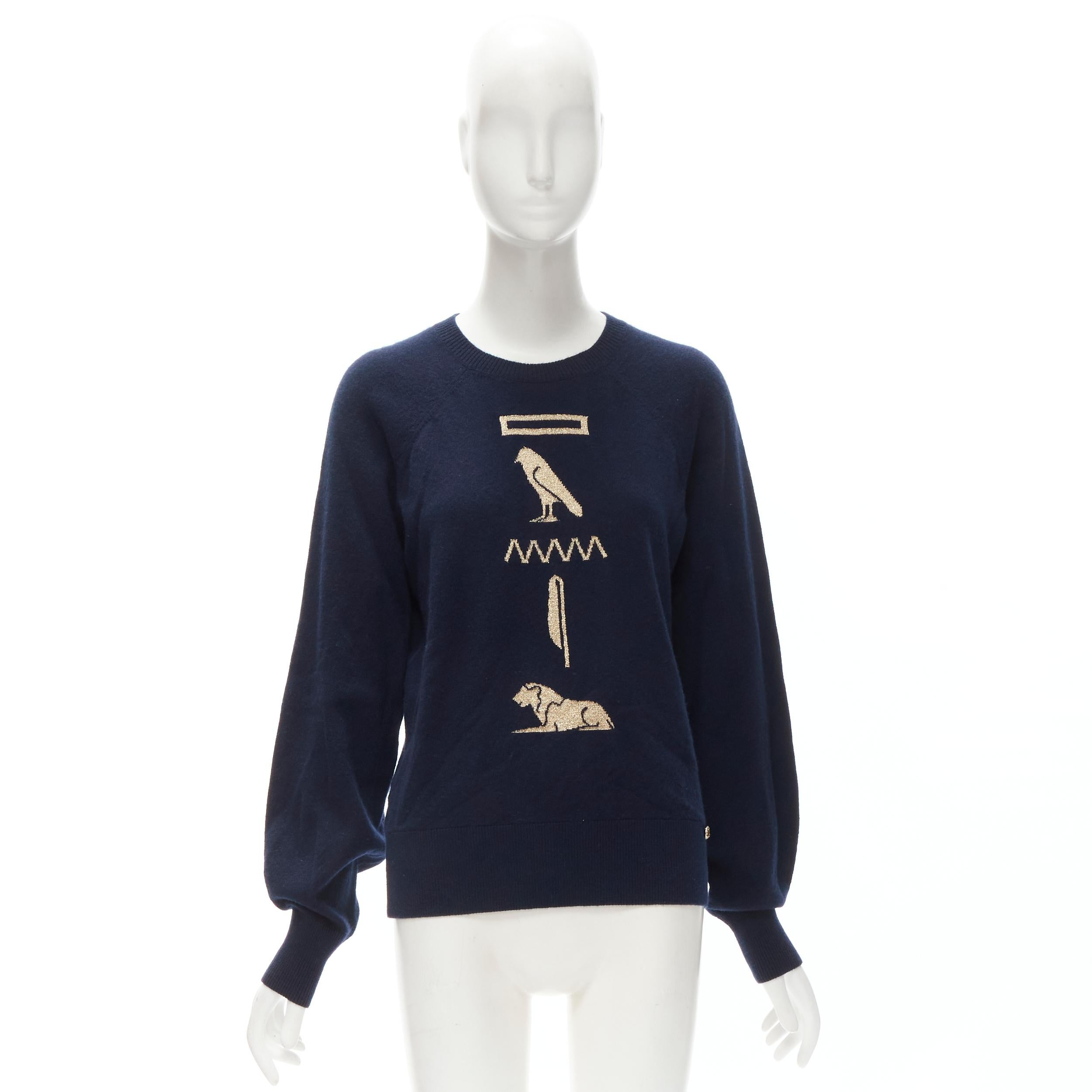 CHANEL 98% cashmere blend navy gold Egypt Hieroglypic pullover sweater FR36 S For Sale 4