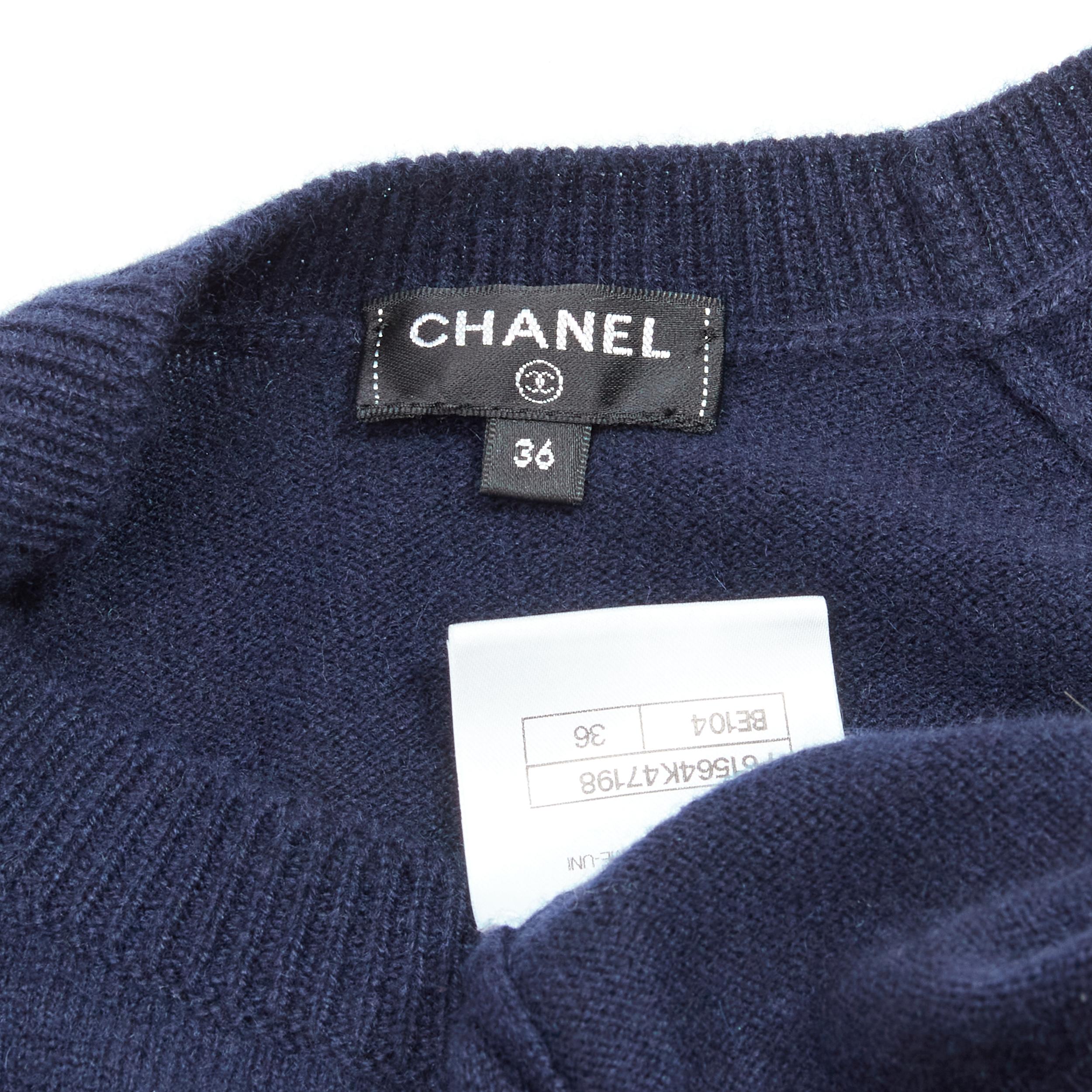 CHANEL 98% cashmere blend navy gold Egypt Hieroglypic pullover sweater FR36 S For Sale 3