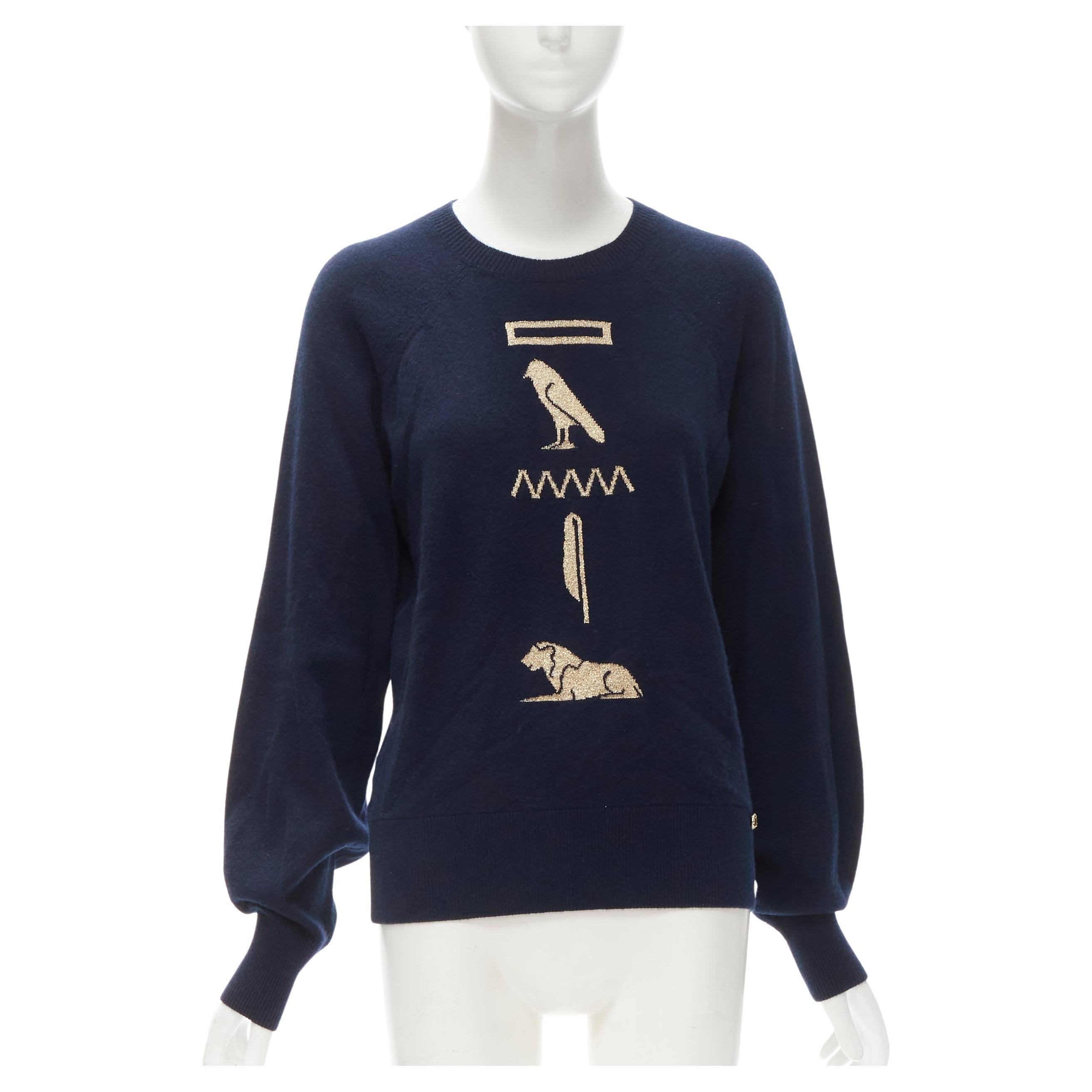 CHANEL 98% cashmere blend navy gold Egypt Hieroglypic pullover sweater FR36 S For Sale