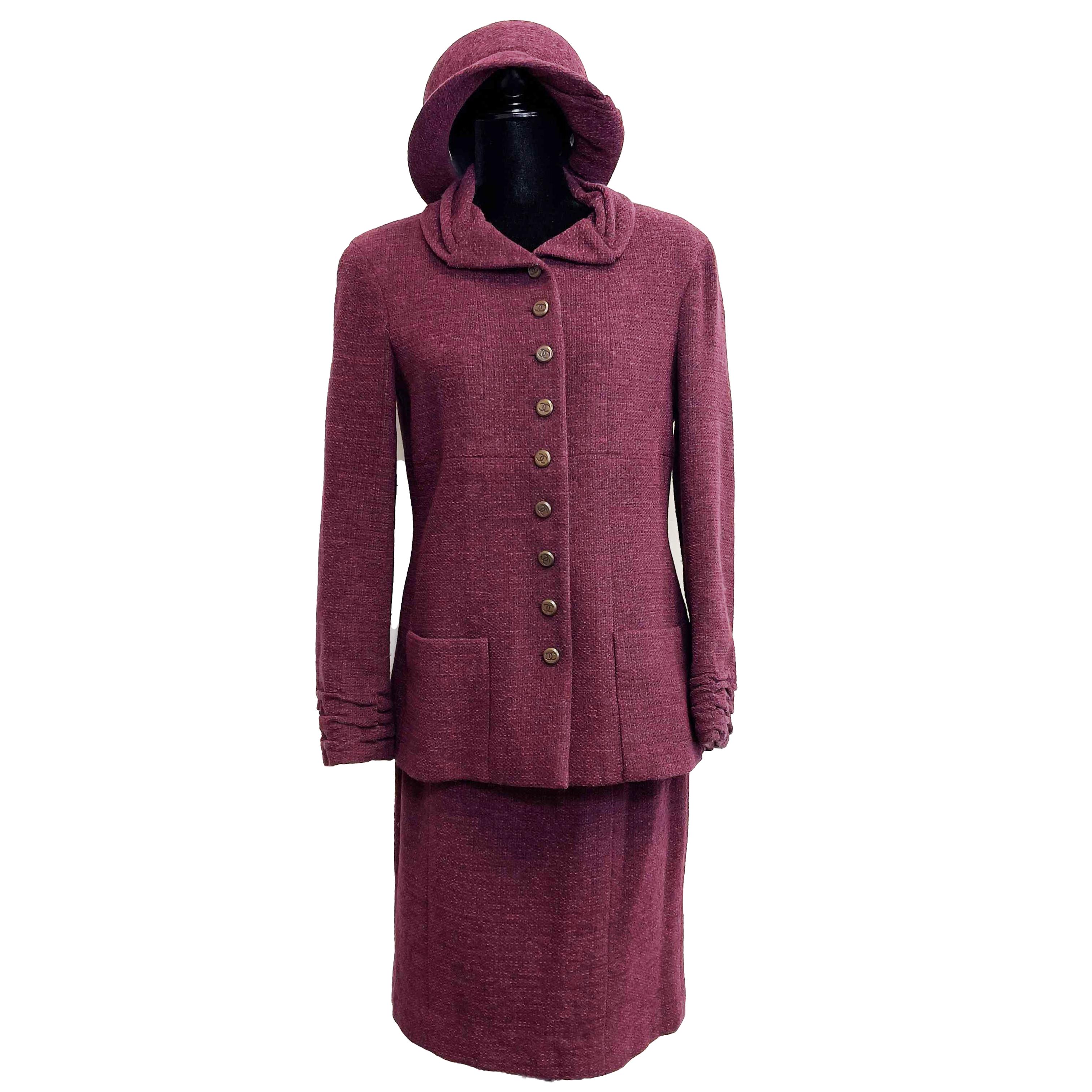 CHANEL- 98A 3 Piece Set - Boucle Hat / Jacket / Skirt - Mulberry - Size 40 US 8 For Sale 3