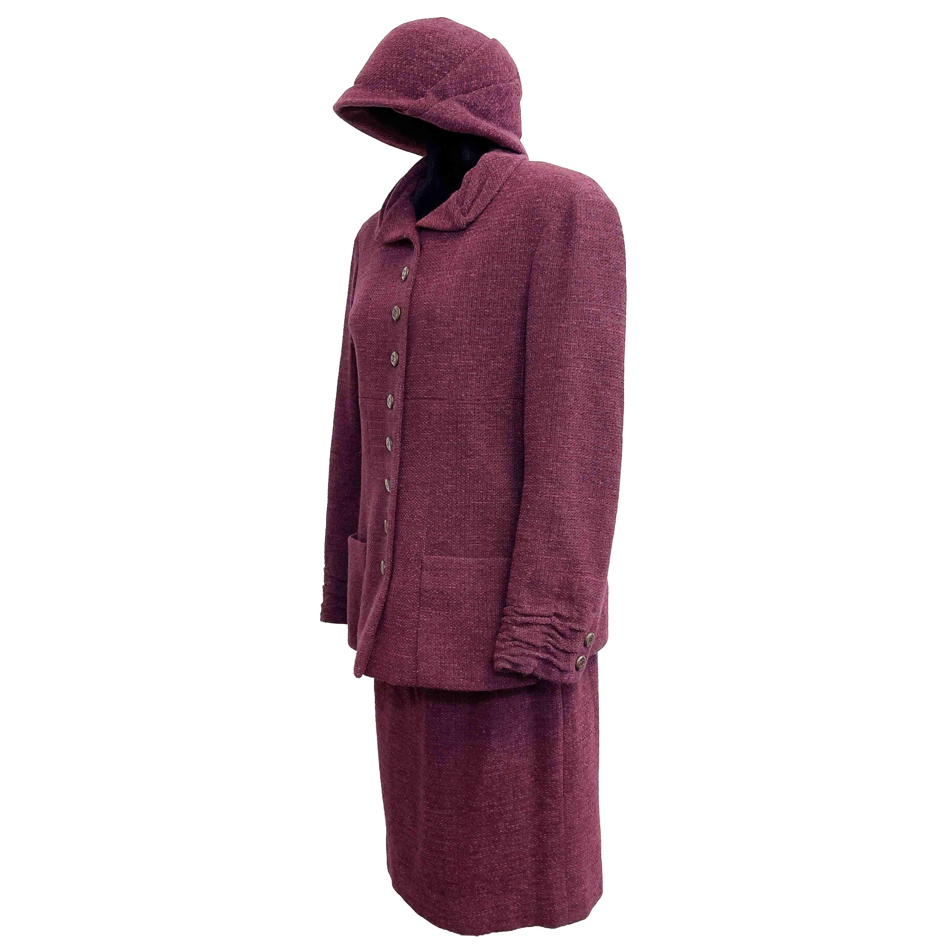 CHANEL- 98A 3 Piece Set - Boucle Hat / Jacket / Skirt - Mulberry - Size 40 US 8 For Sale 4