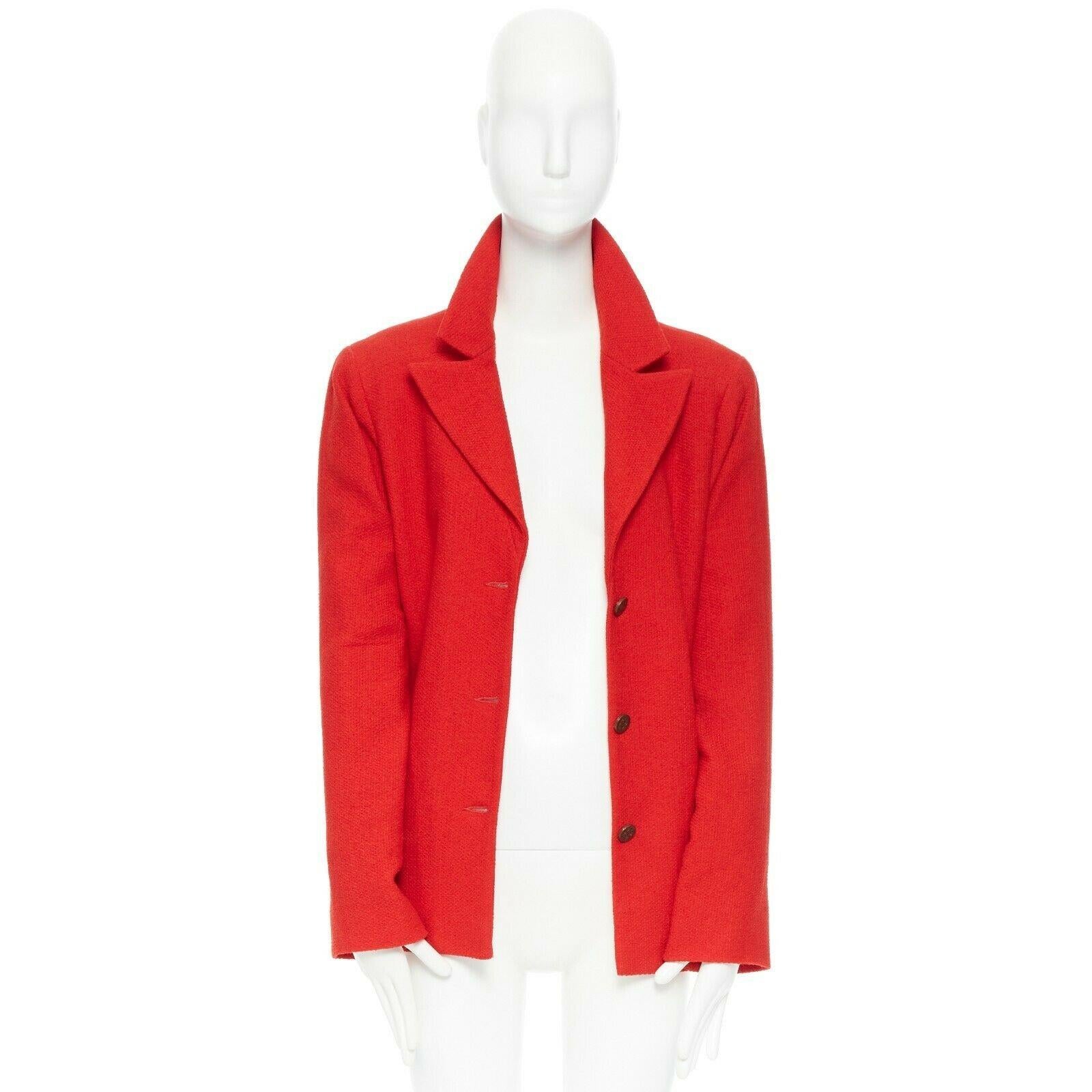 Red CHANEL 98A vintage lipstick red tweed peak lapel copper CC blazer jacket FR44 For Sale